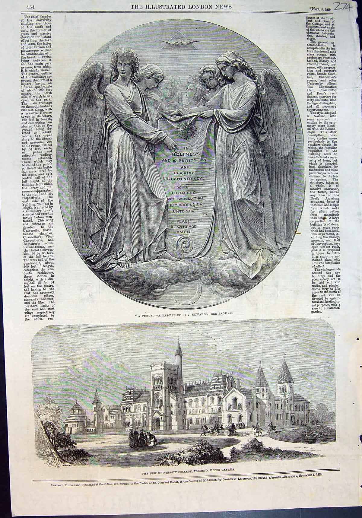 Old Print Vision Bas Relief J Edwards New University College Toronto 1859 19th