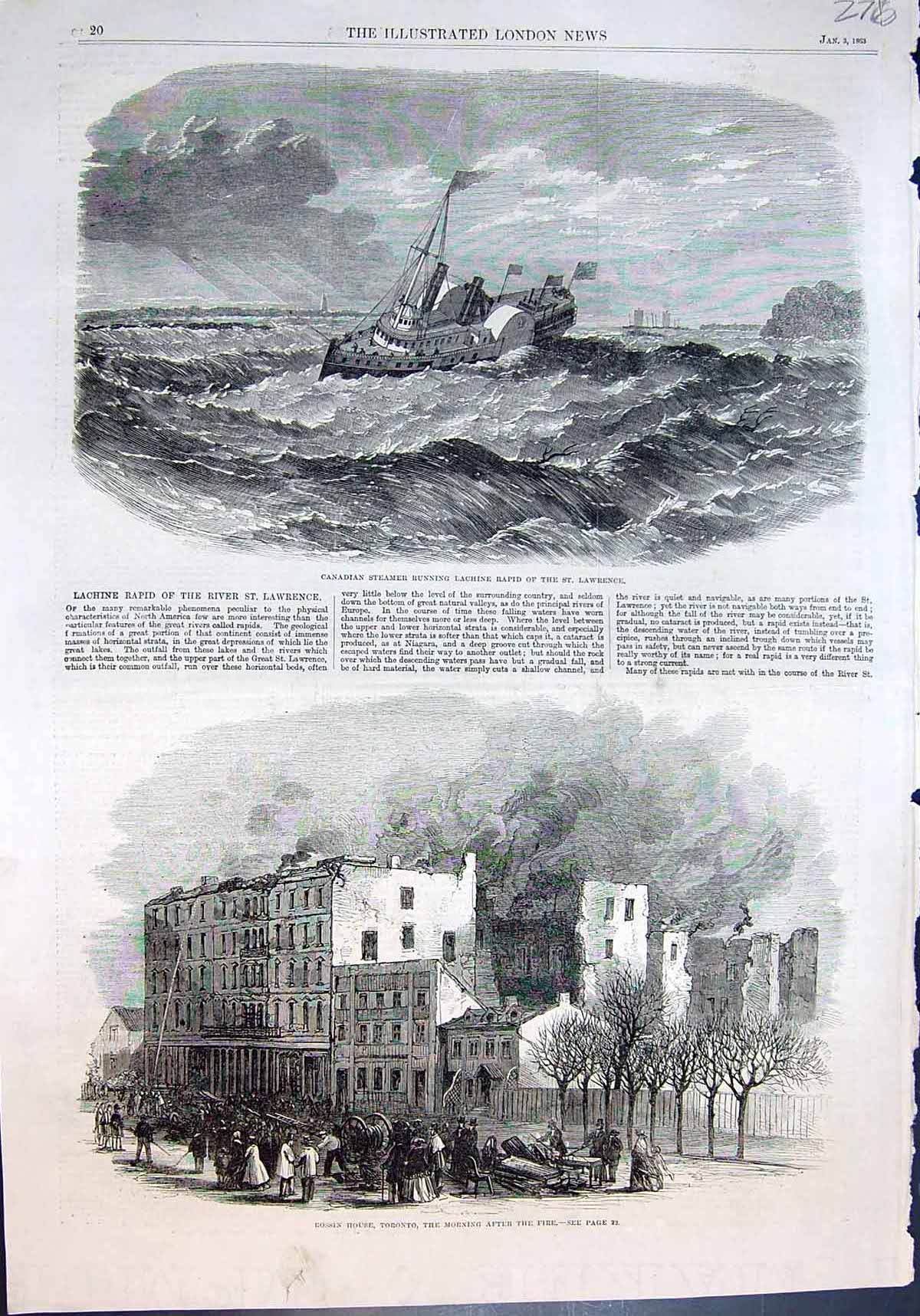 Old Steamer Lachine Rapid St Lawrence Rossin House Toronto Fire 1863 Victorian