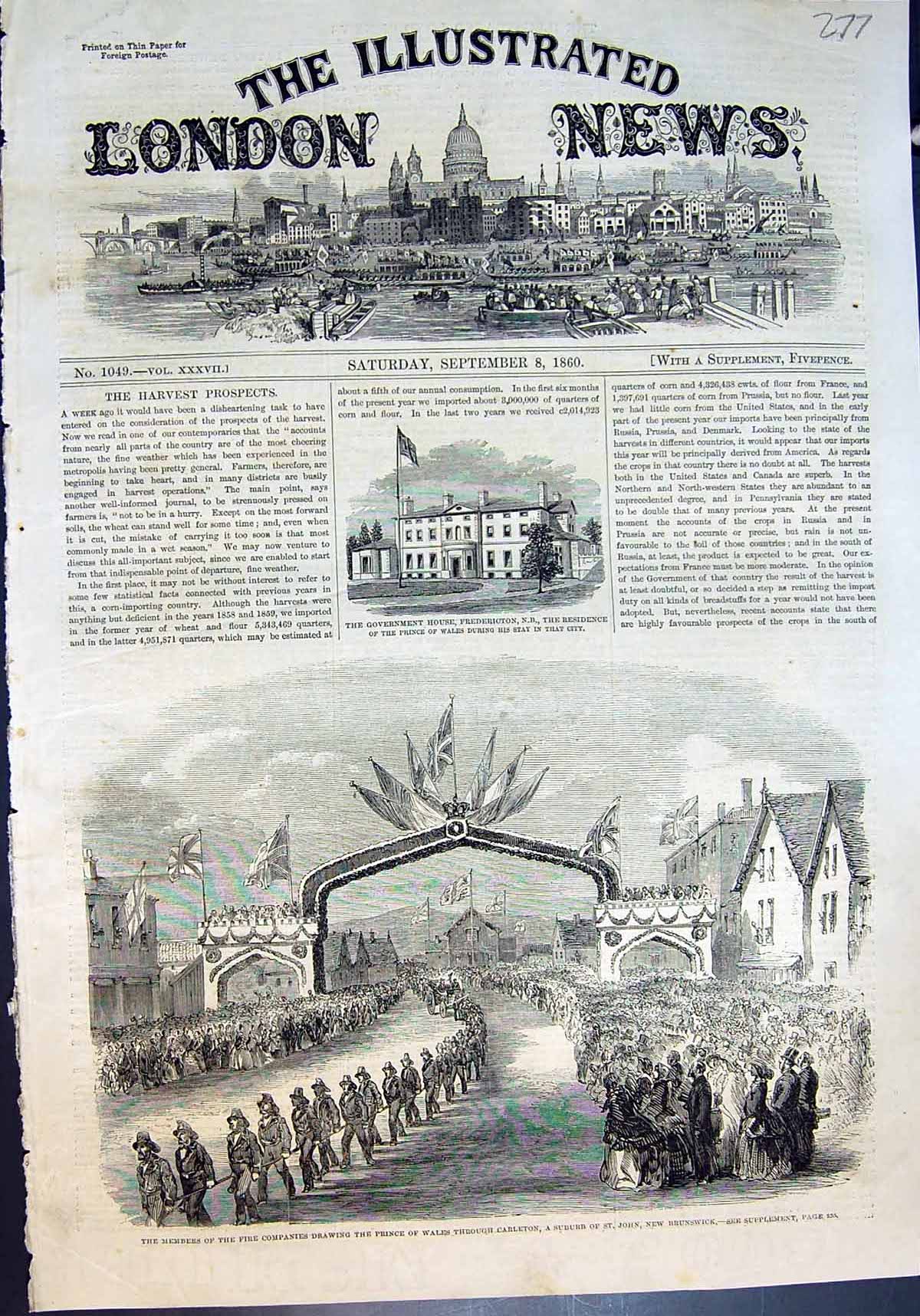 Old Print Prince Wales Carleton New Brunswick Gov House Fredericton 1860 19th