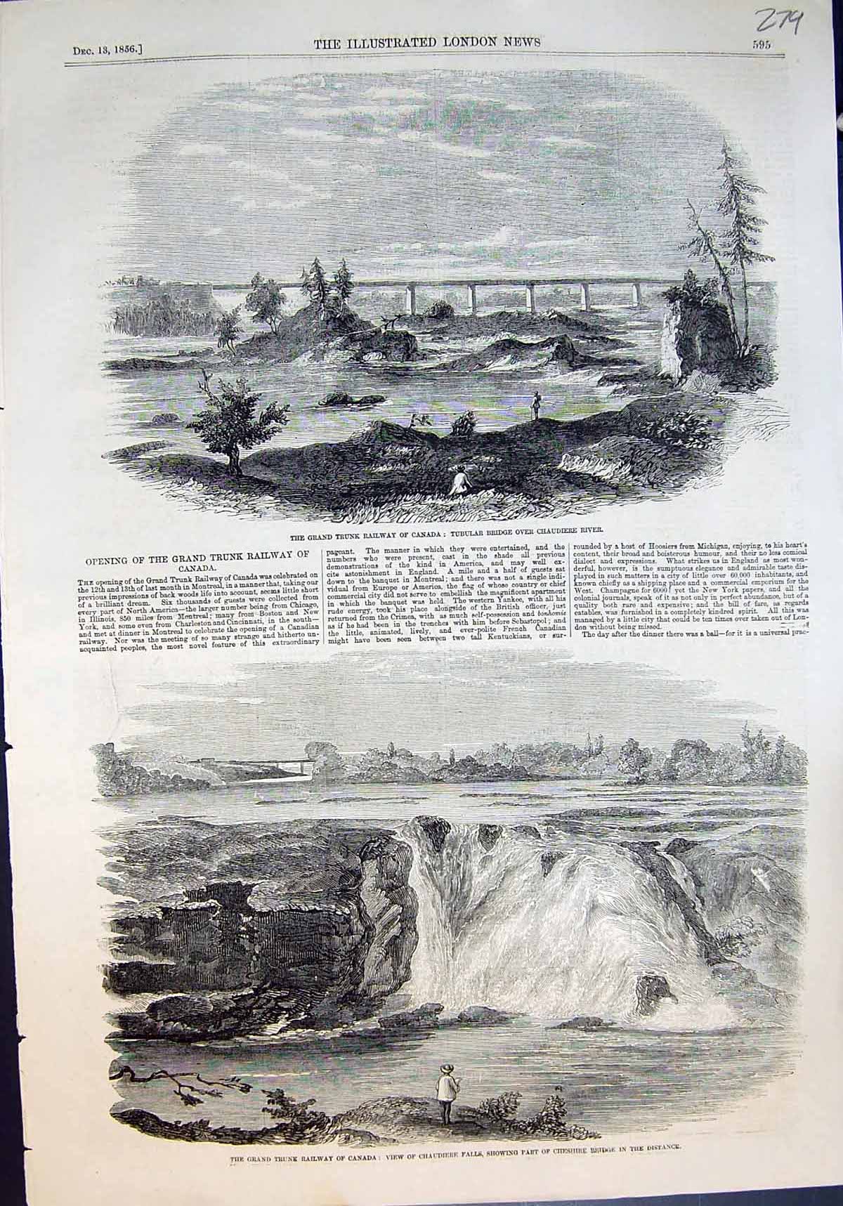 Antique Print Grand Trunk Railway Canada Bridge Chaudiere River Falls 1856 19th