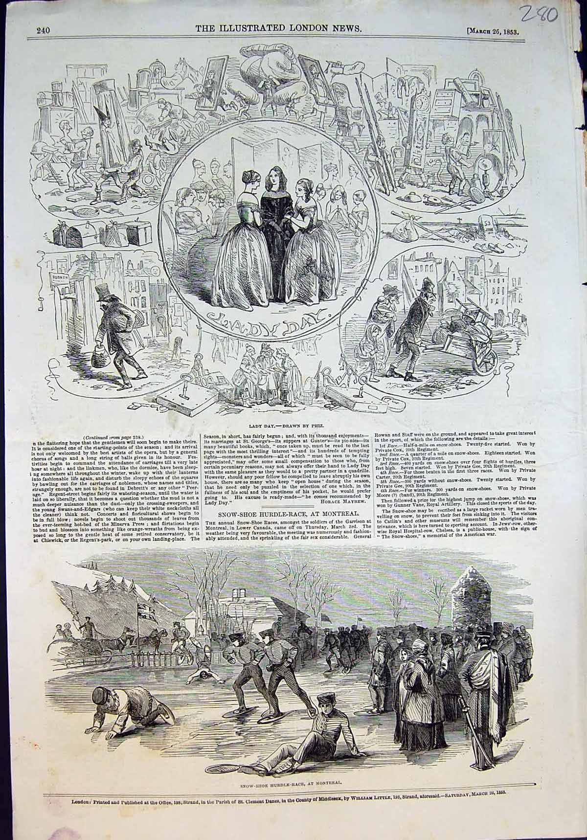 Original Old Antique Print Lady Day Phiz Snow Shoe Hurdle Race Montreal 1853
