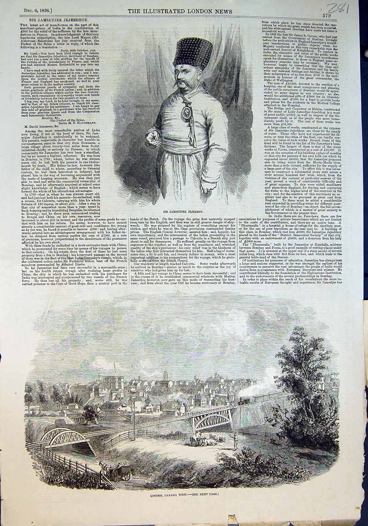 Antique Old Print Sir Jamsetjee Jejeeboy London Canada West Town Bridge 1856
