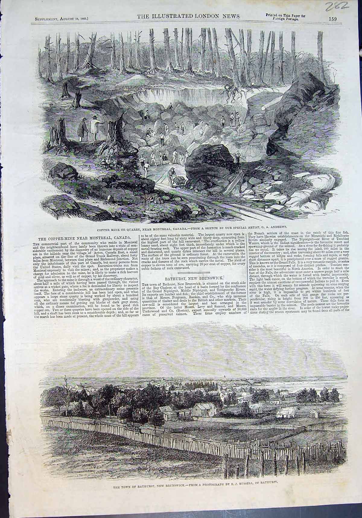 Old Print Copper Mine Quarry Montreal Canada Bathurst New Brunswick 1860 19th