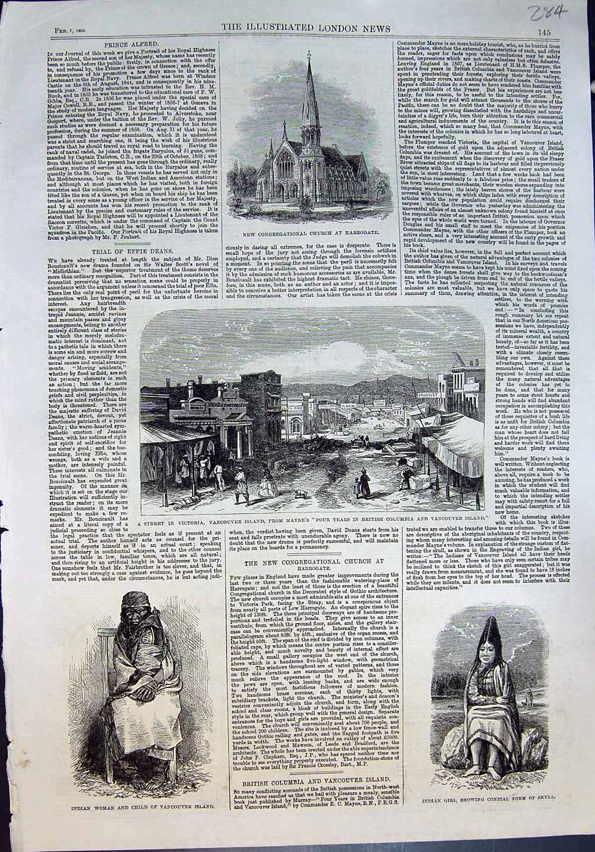 Old Print Congregational Church Harrogate Victoria Vancouver Indian 1863 19th