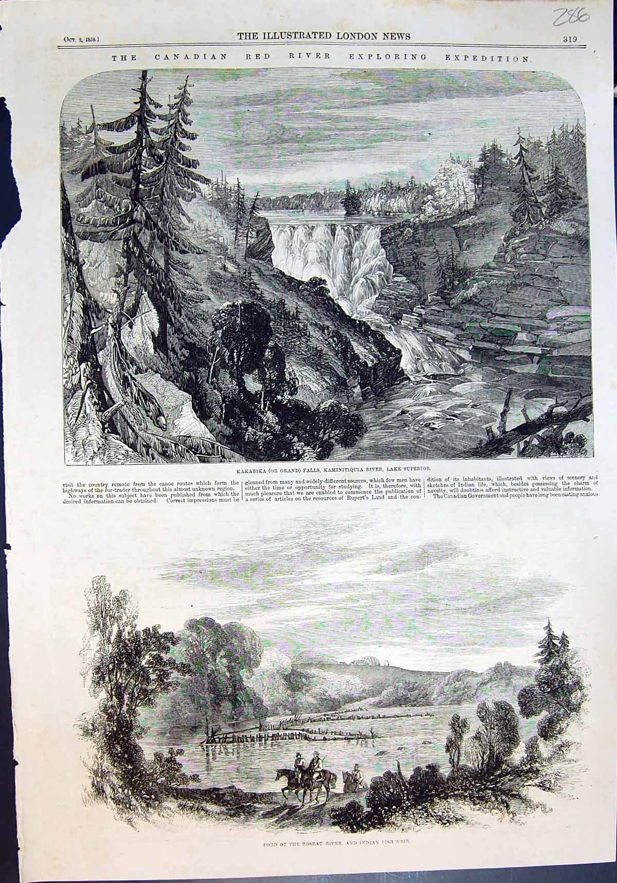 Old Grand Falls Lake Superior Ford Roseau River Indian Fish Weir 1858 Victorian
