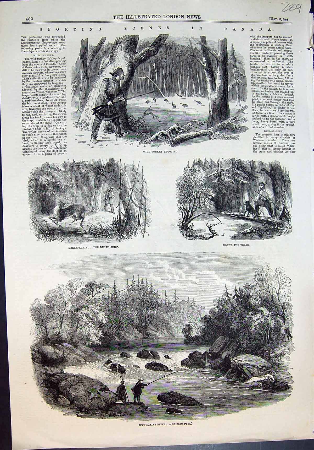 Antique Old Print Canada Escoumains River Salmon Pool Deerstalking Traps 1858