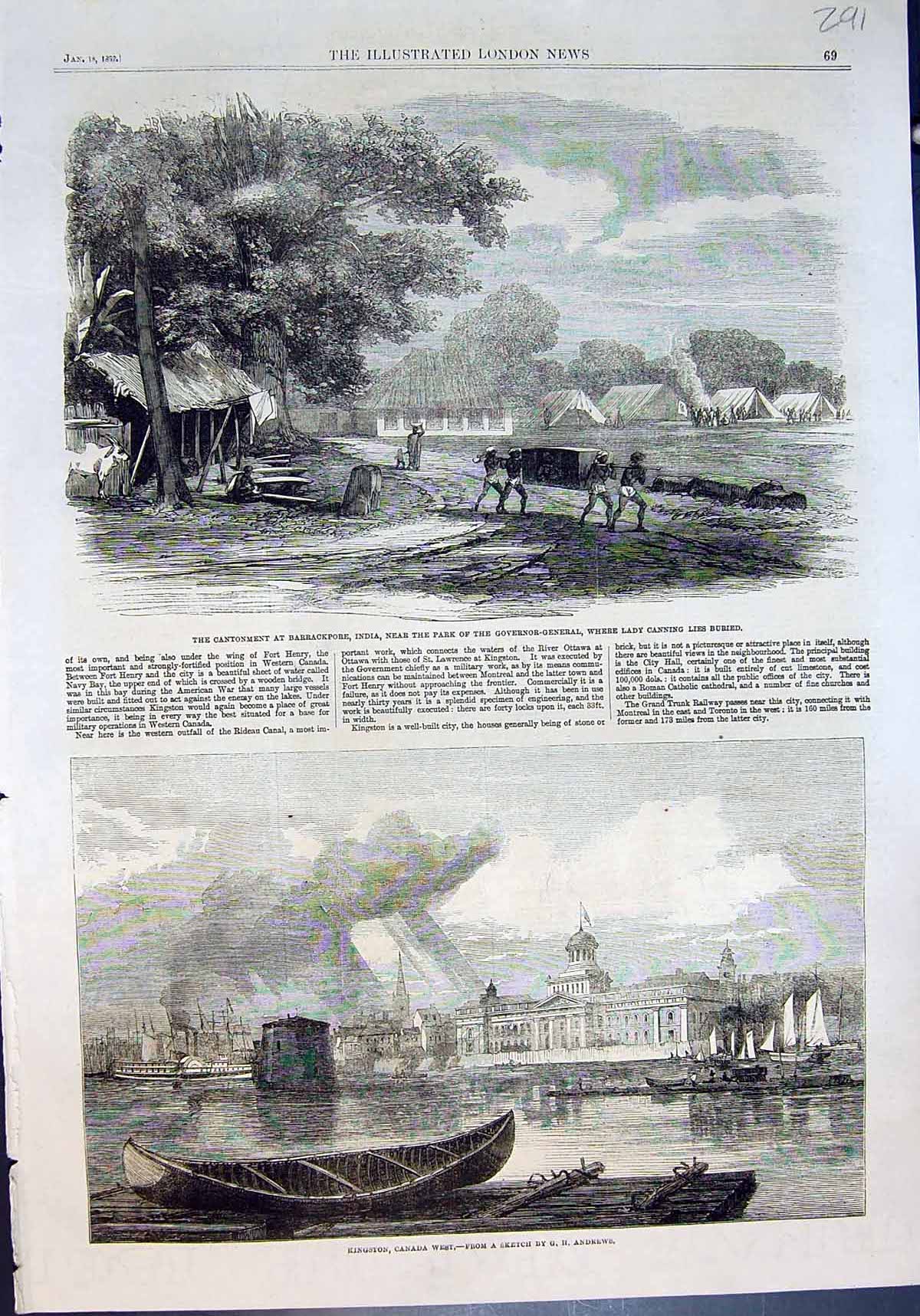 Old Print Barrackpore India Lady Canning Buried Kingston Canada West 1862 19th