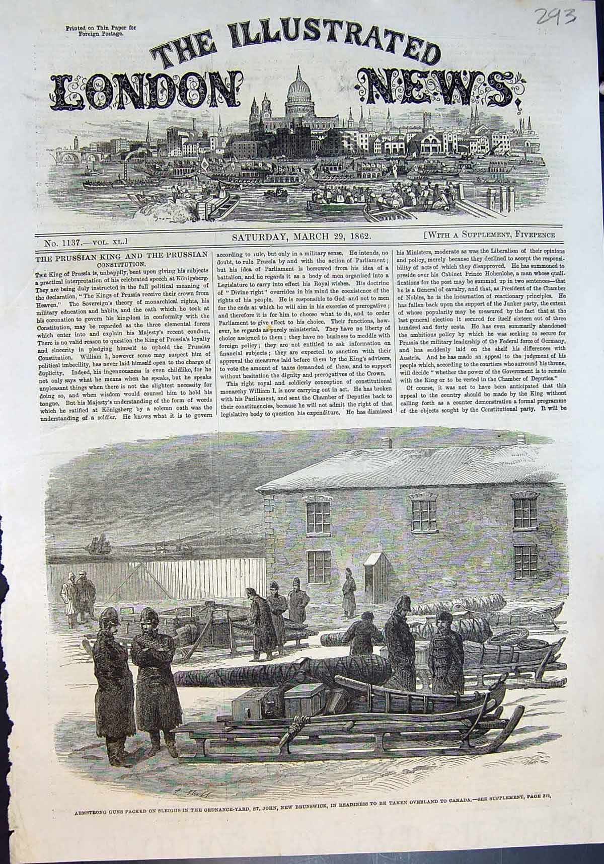 Old Print Armstrong Guns Sleighs St John New Brunswick Ready Canada 1862 19th