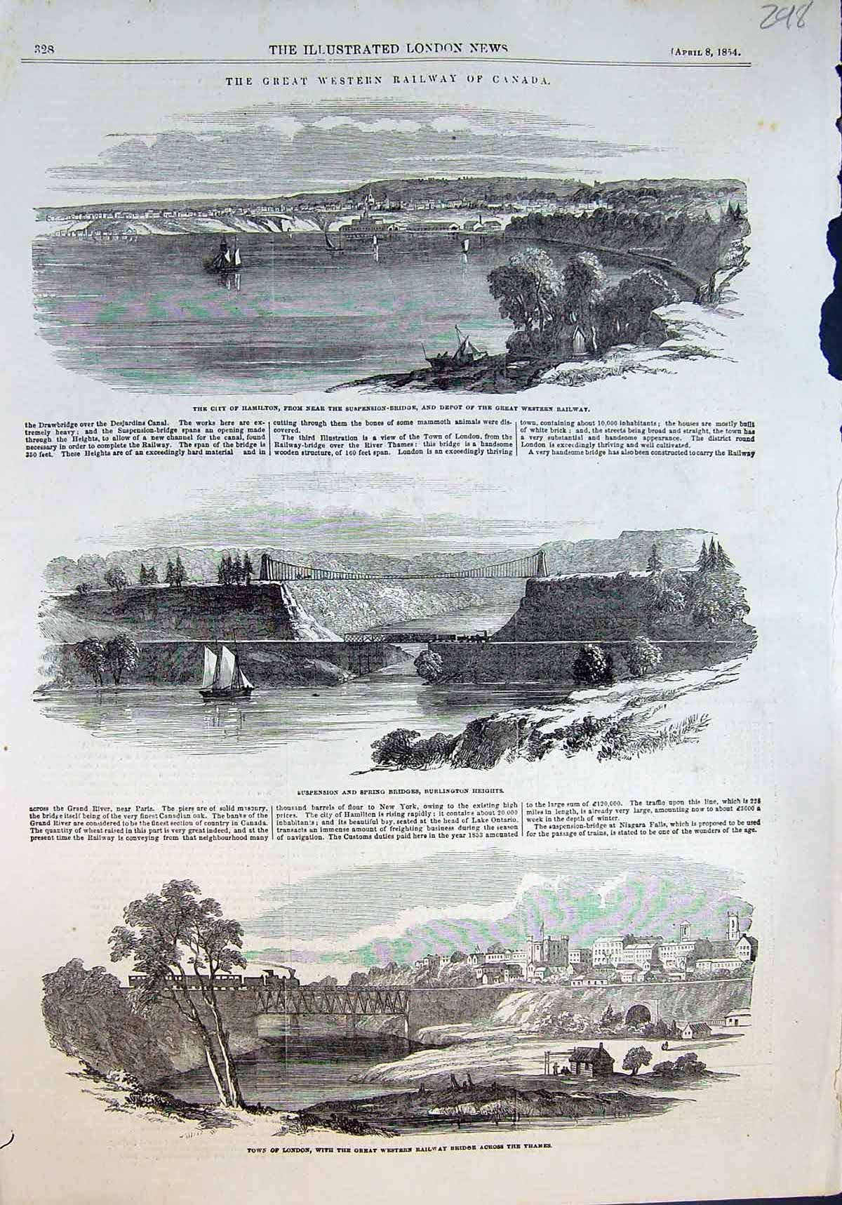 Old Print Great Western Railway Canada Hamilton London Suspension Br 1854 19th