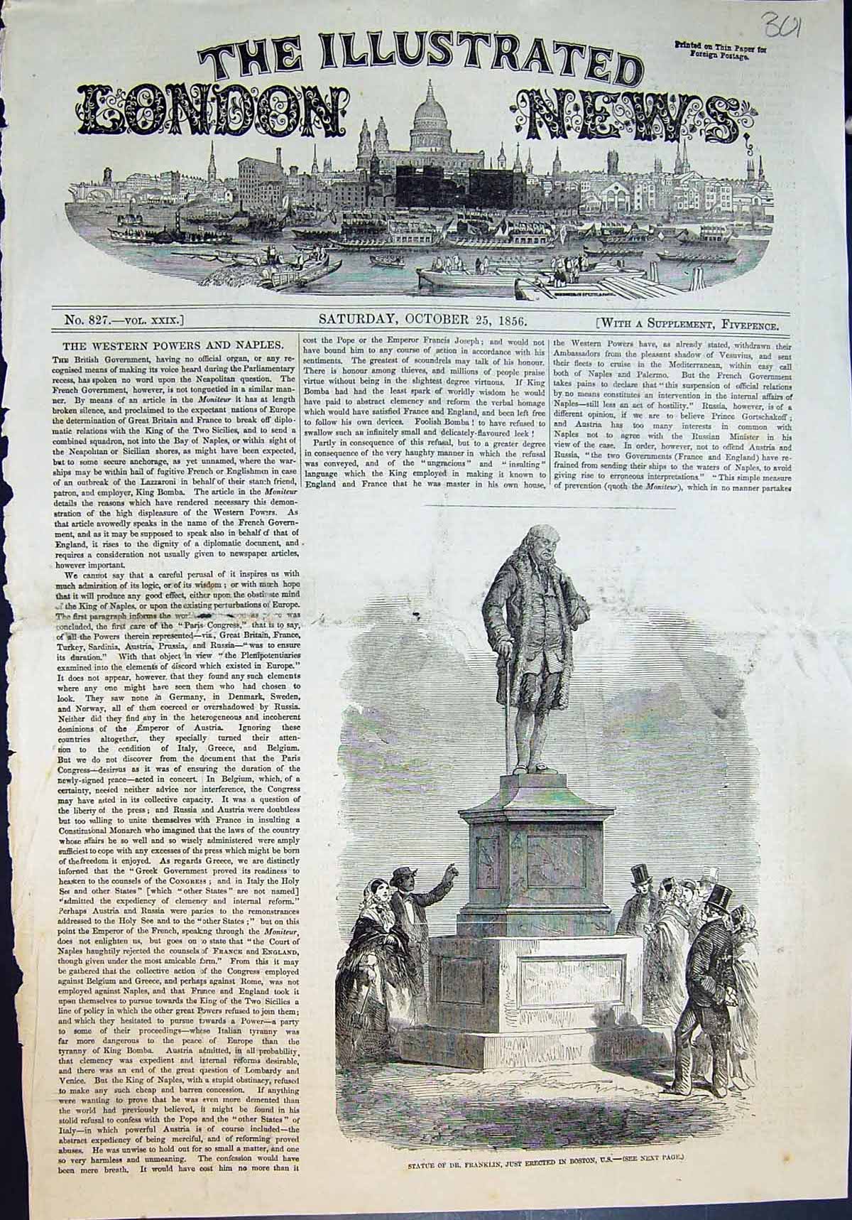 Original Old Antique Print Statue Dr Franklin Just Erected Boston Usa 1856 19th