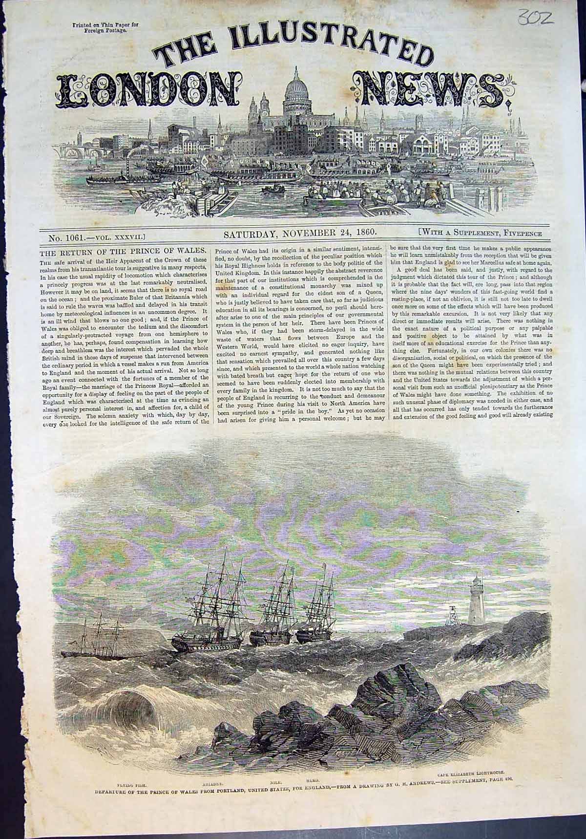 Antique Old Print Departure Prince Wales Portland Usa Ariandne Nile Hero 1860