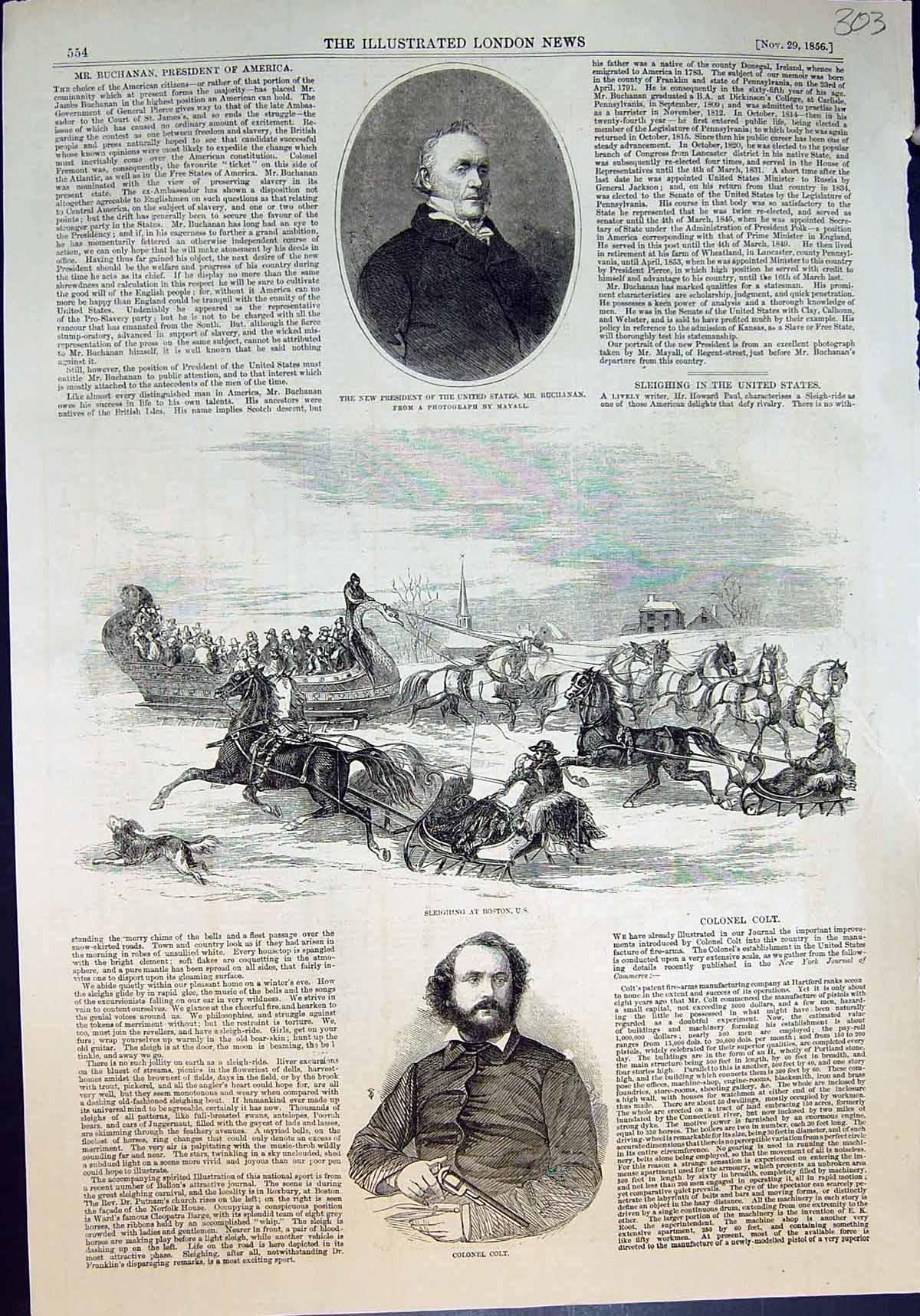 Antique Old Print Mr Buchanan President Us Sleighing Boston Colonel Colt 1856