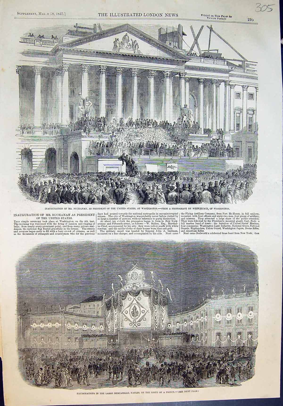 Old Inauguration Mr Buchanan President Us Largo Mercatello Naples1857 Victorian