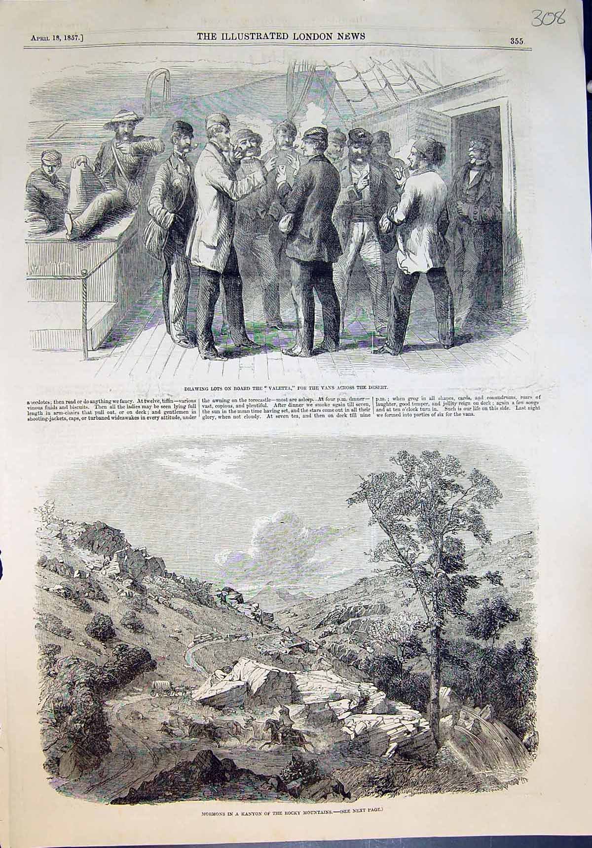 Antique Print Drawing Lots Valetta Vans Desert Mormons Rocky Mountains 1857