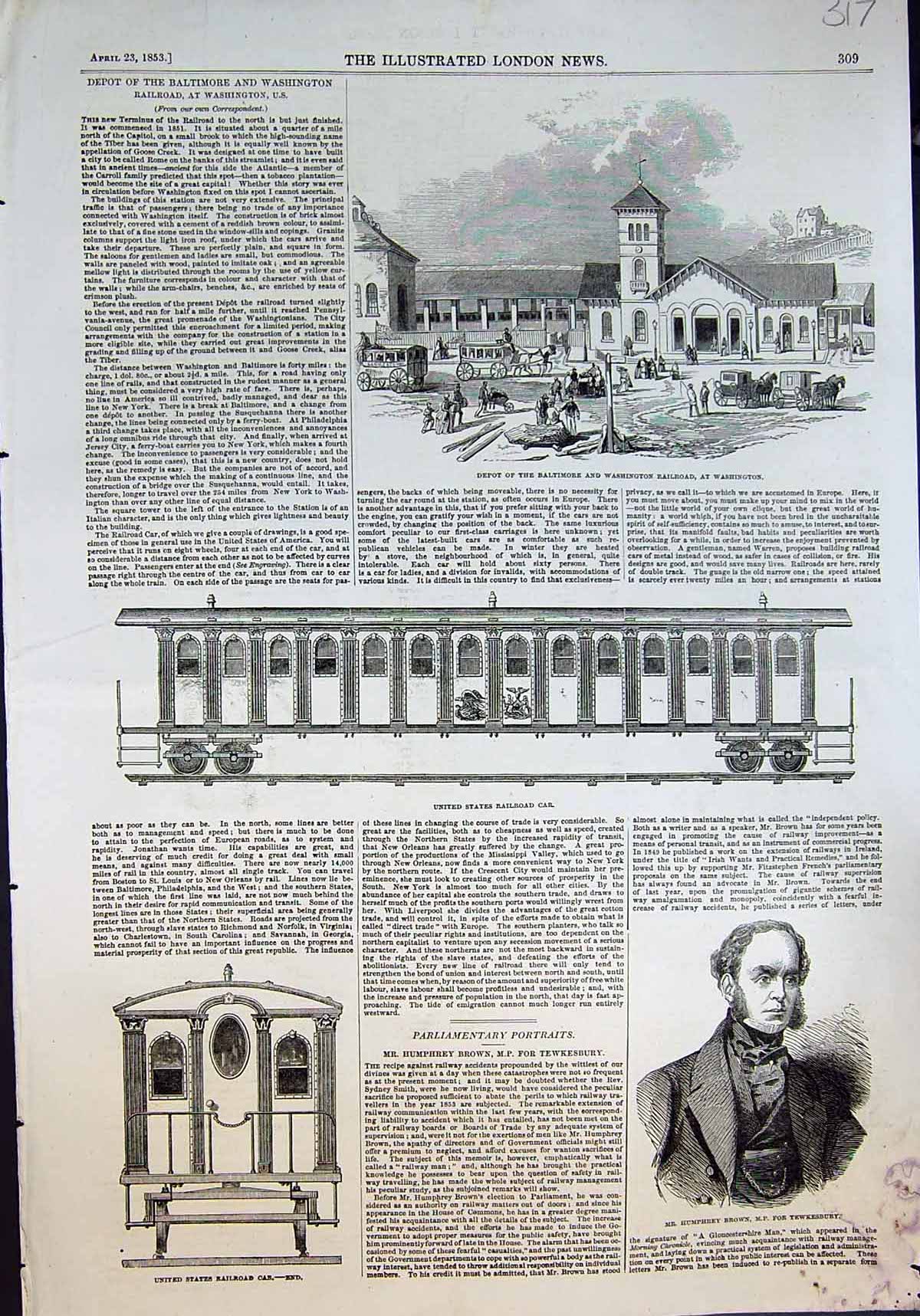 Antique Old Print Humphrey Brown Mp Depot Baltimore Washington Railroad 1853