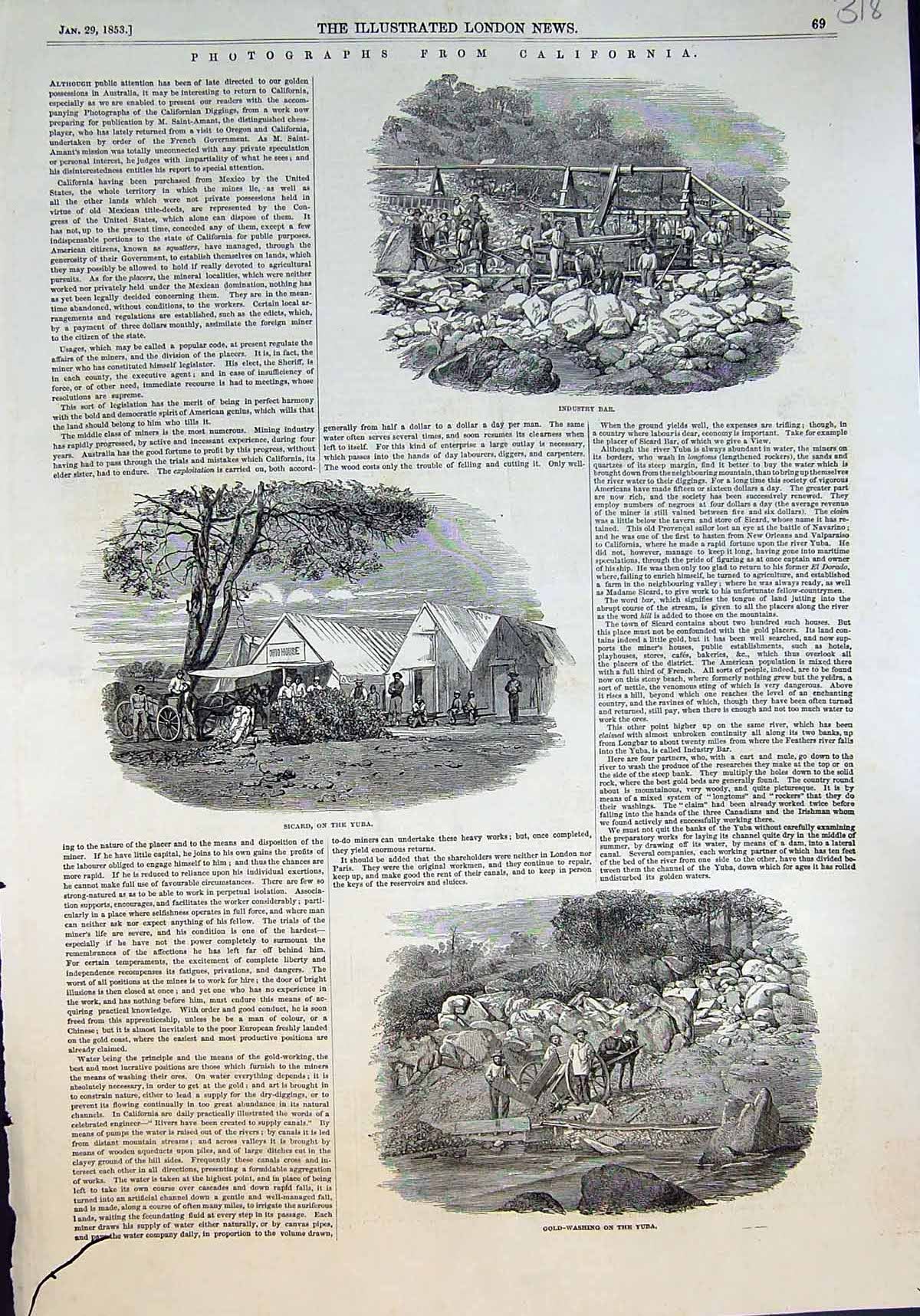 Old Antique Print California Industy Bar Sicard Yuba GWashing Yuba 1853 19th
