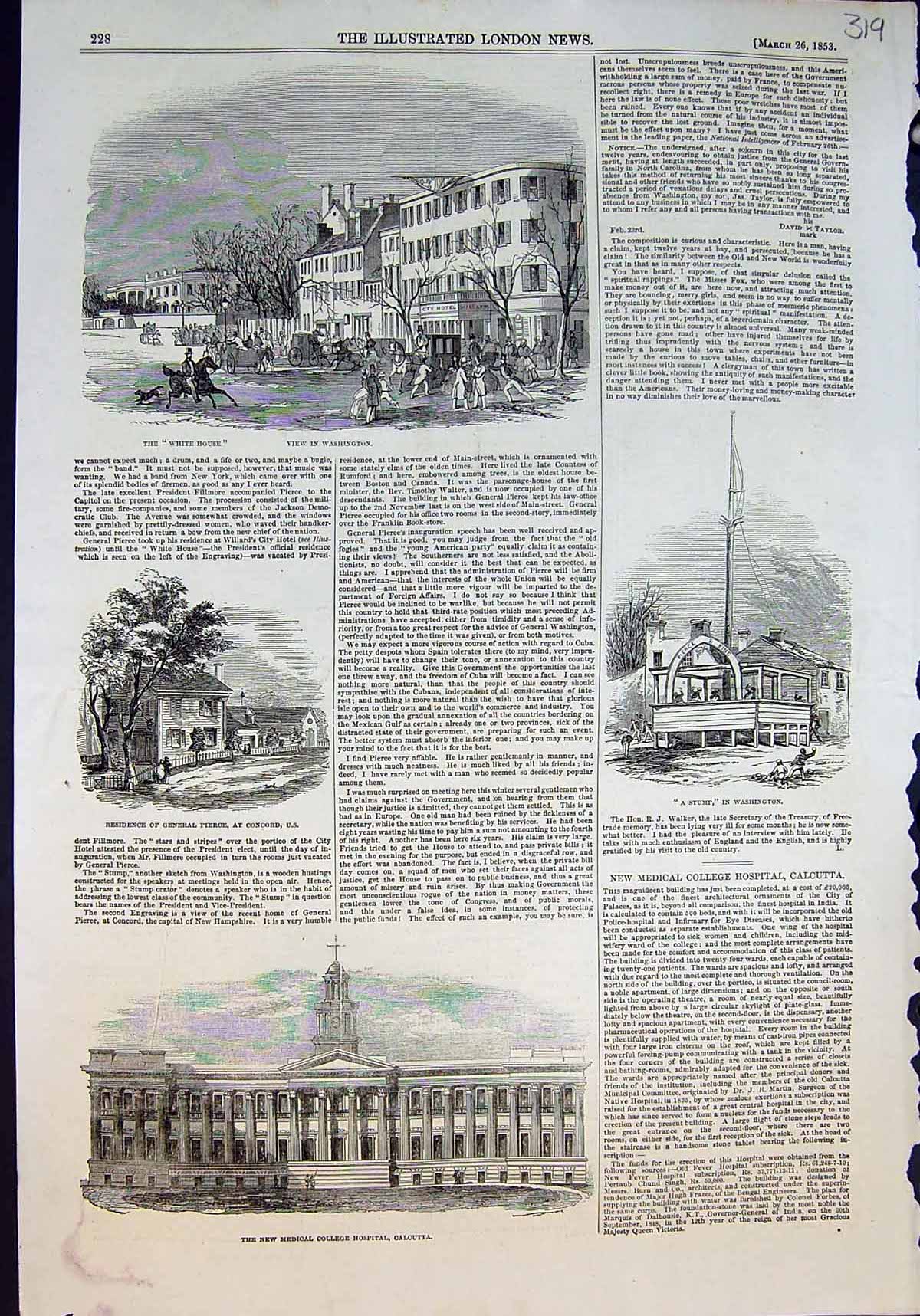 Antique Print Medical College Hospital Calcutta White House Washington 1853
