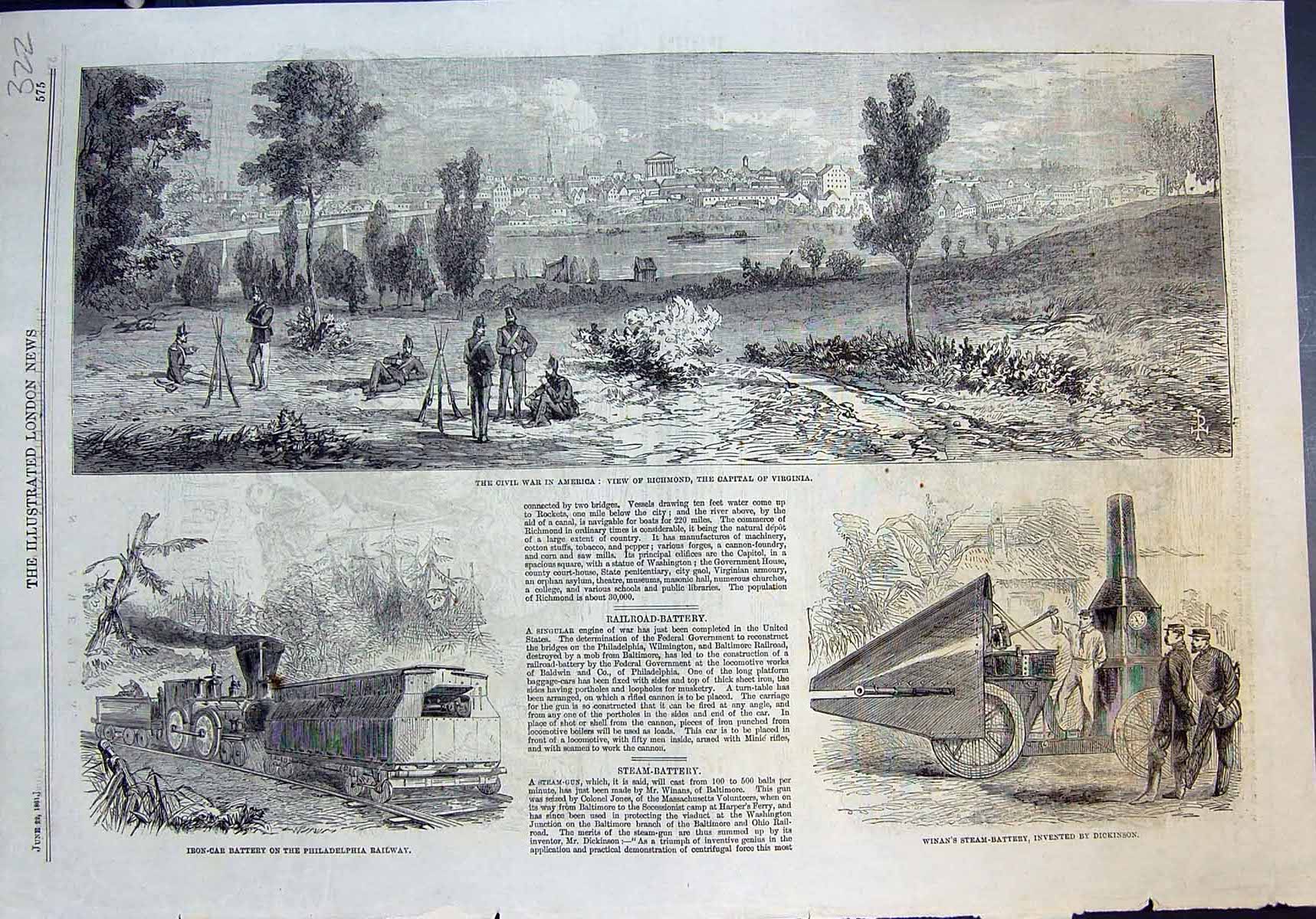 Old Print Civil War America Richmond Winans Steam Battery Dickinson 1861 19th