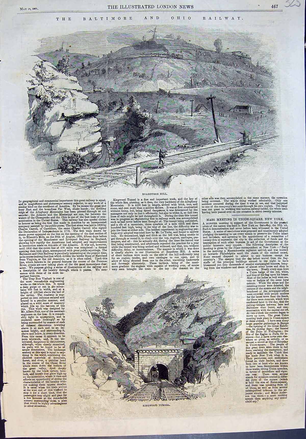 Antique Old Print Baltimore Ohio Railway Boardtree Hill Kingwood Tunnel 1861