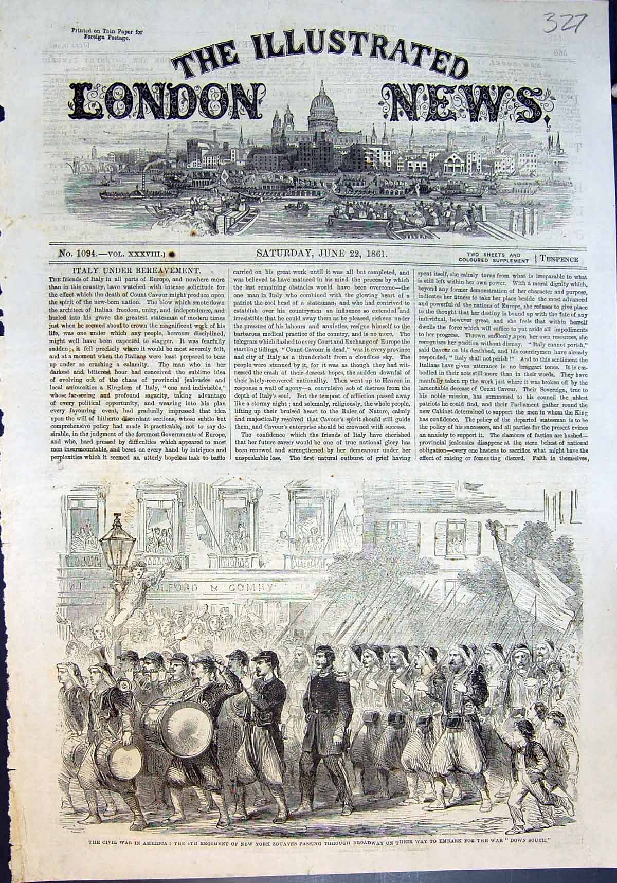 Antique Old Print Civil War America New York Zouaves Passing Broadway 1861 19th