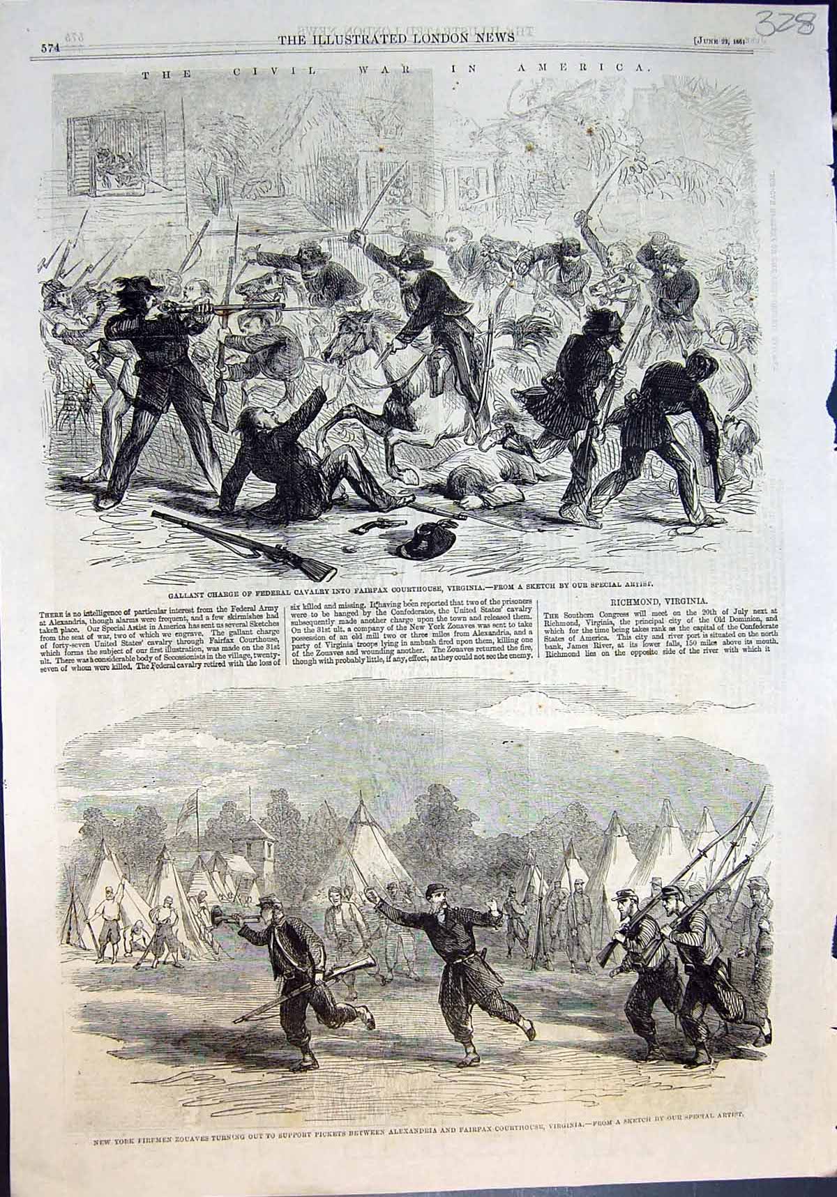 Old Civil War America Charge Federal Cavalry N Y Firemen Zouaves 1861 Victorian