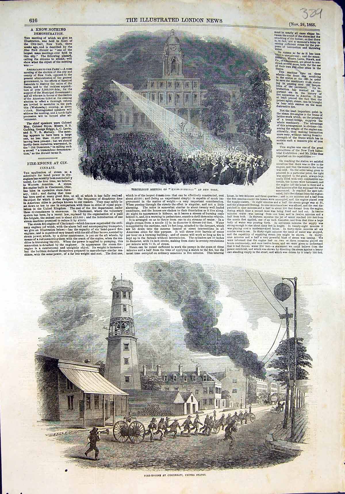Old Torchlight Meeting New York Fire Engine Cincinnati U States 1855 Victorian