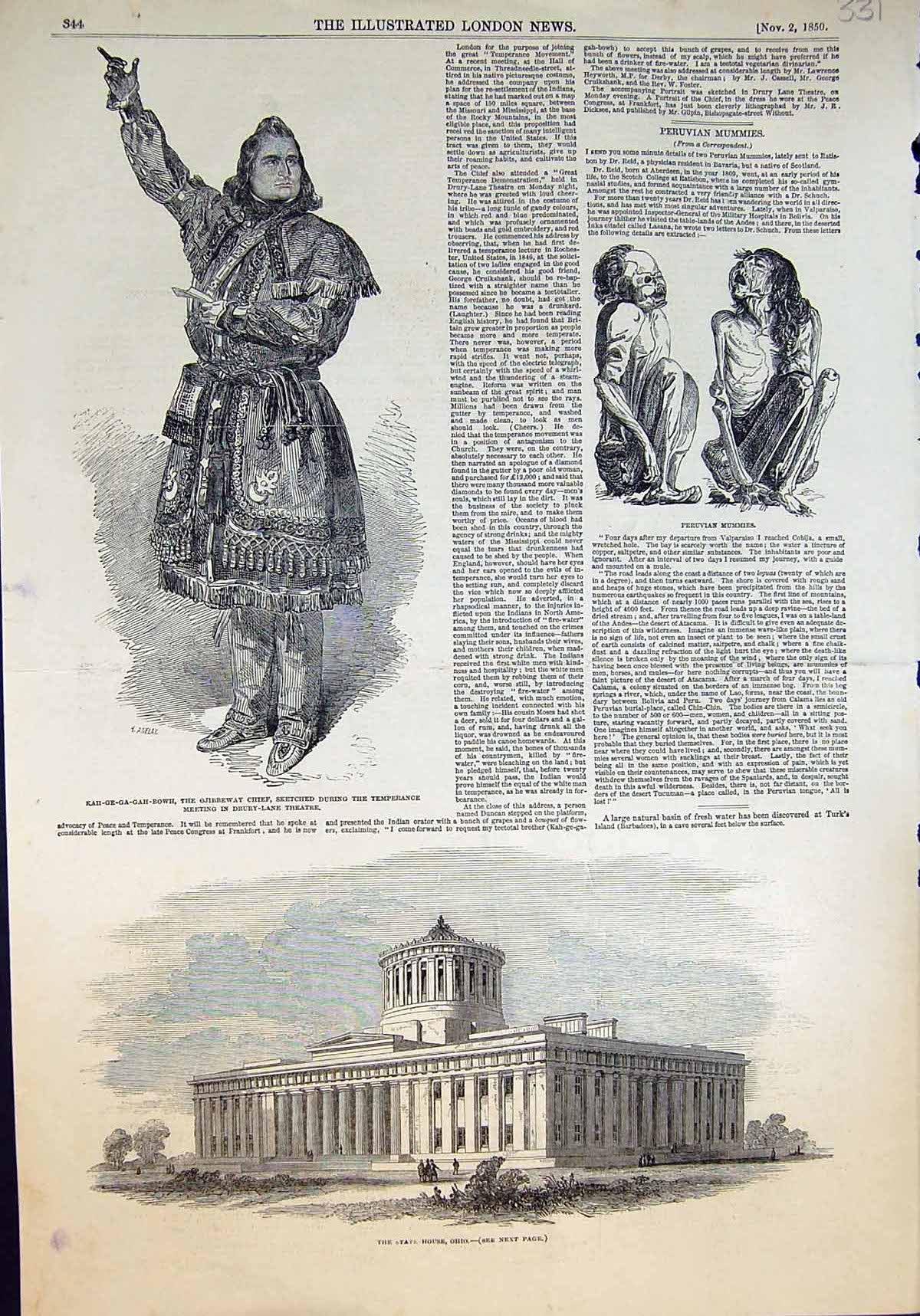 Old Print Ojibbeway Chief Theatre Peruvian Mummies State House Ohio 1850 19th