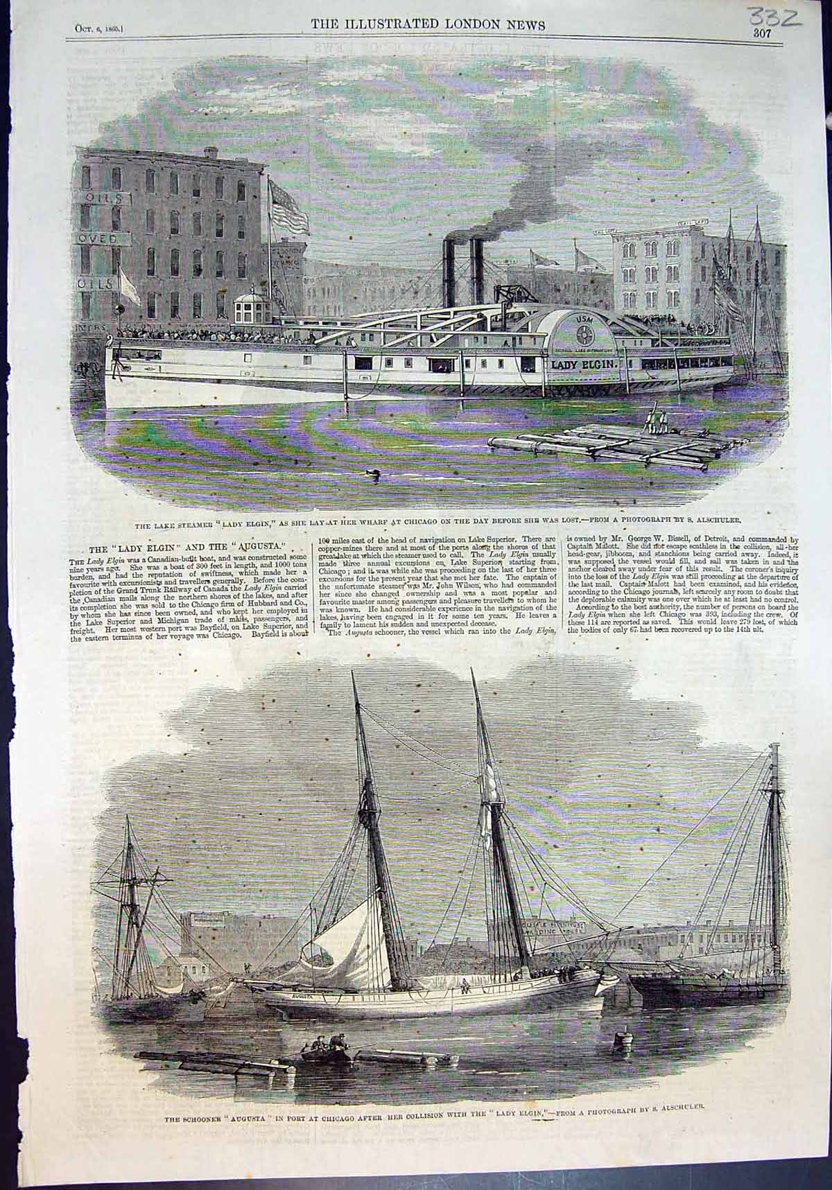 Antique Print Lady Elgin Wharf Chicago Lost Collision Schooner Augusta 1860