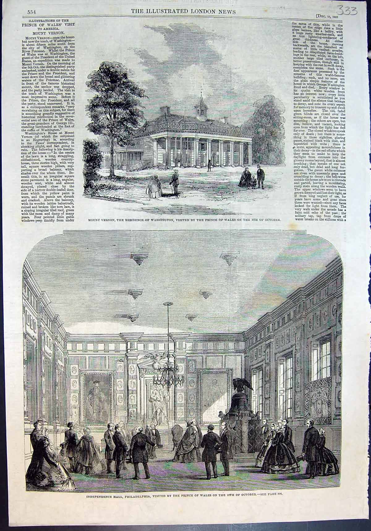 Antique Old Print Mount Vernon Washington Independence Hall Philadelphia 1860