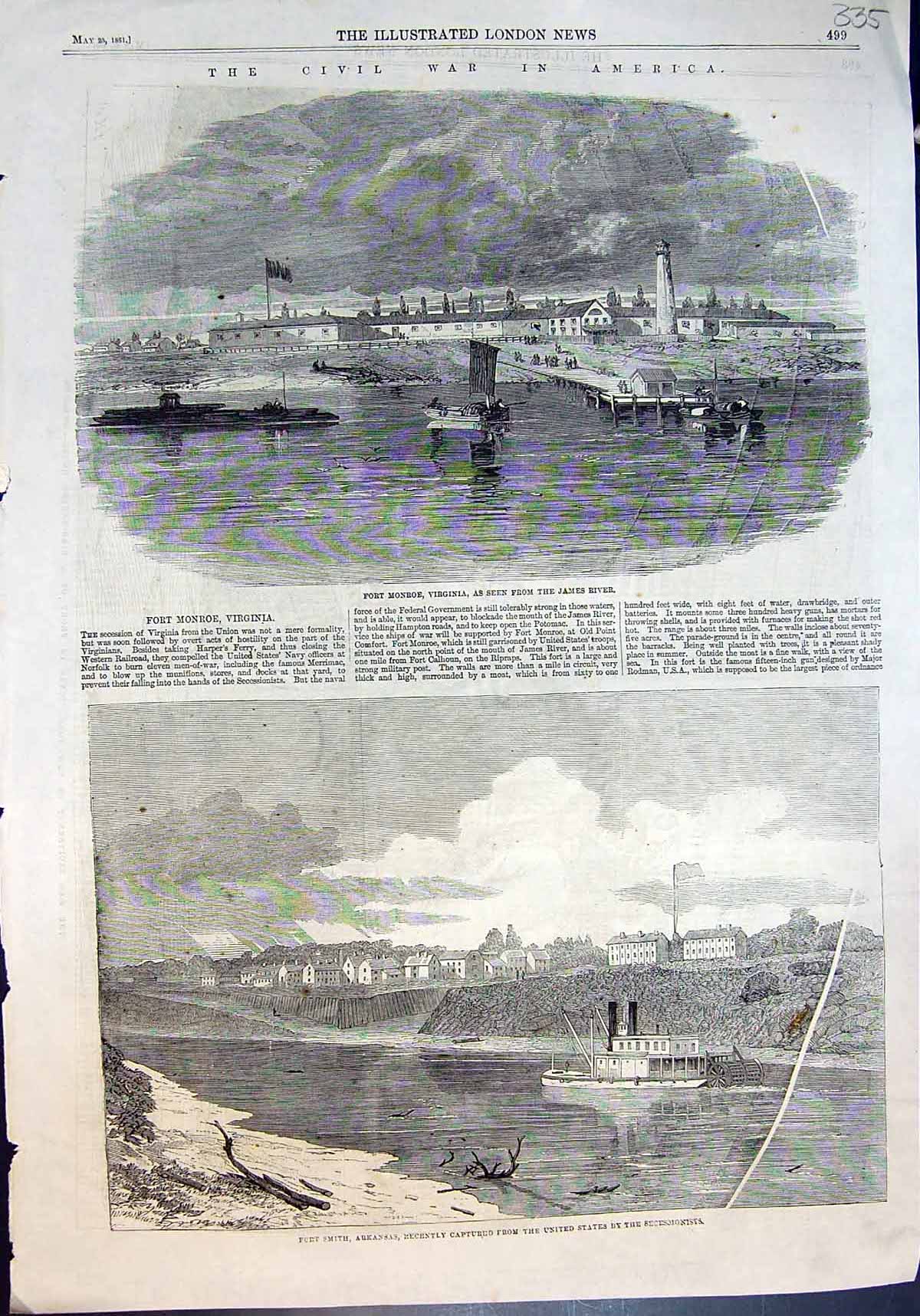 Old Print Civil War America Fort Monroe Virginia Fort Smith Arkansas 1861 19th