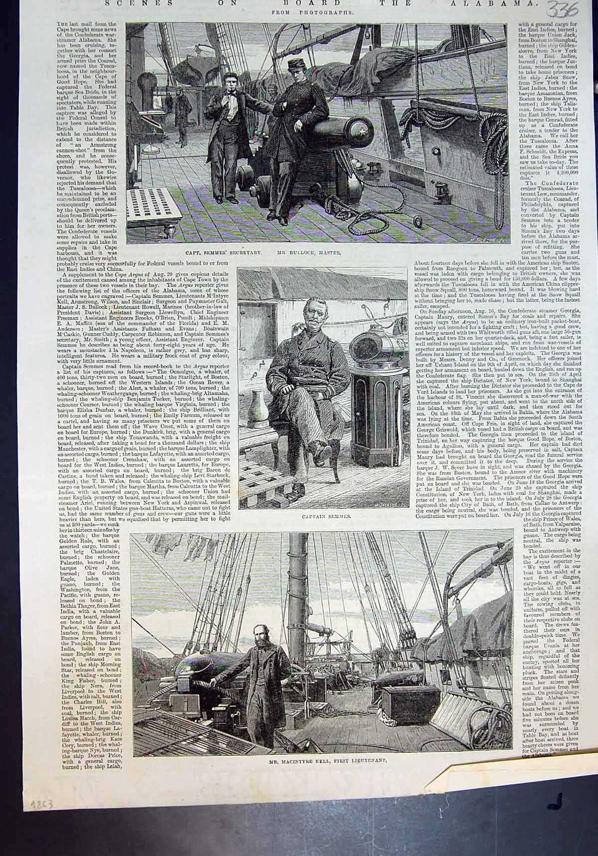 Antique Old Print On Board Alabama Capt Semmes Secretary Mr Bullock Kell 1863