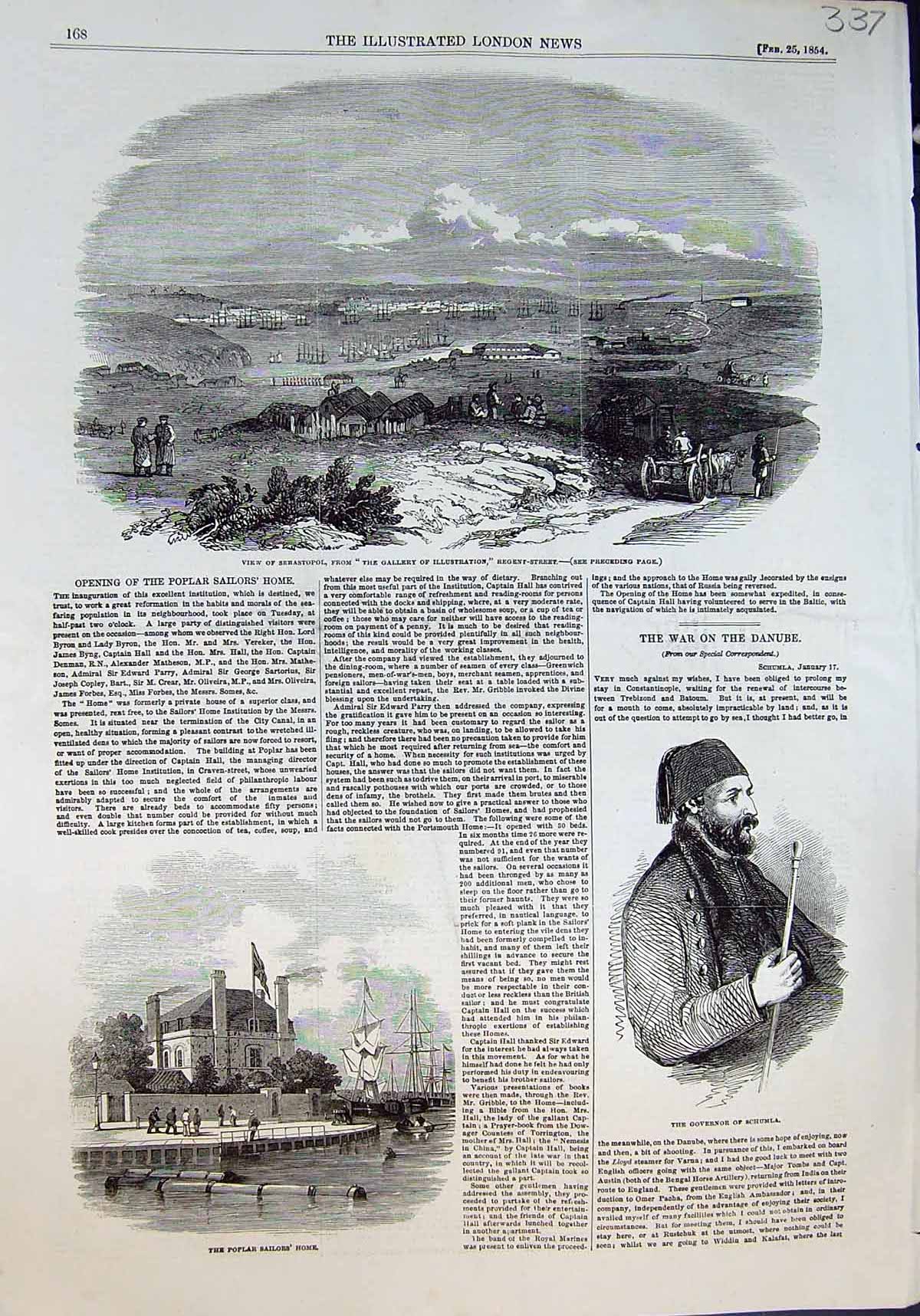 Original Old Antique Print Sebastopol Governor Schumla Poplar Sailors Home 1854