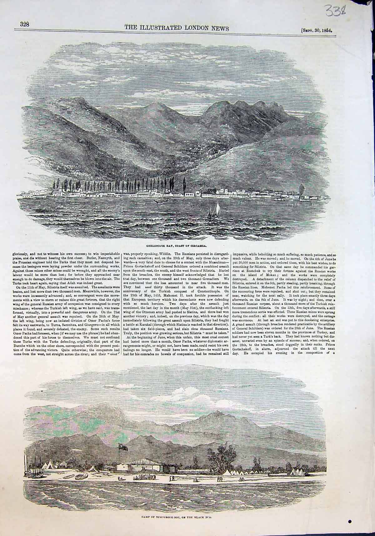 Old Print Ghelenjik Bay Coast Circassia Camp Tchourouk-Sou Black Sea 1854 19th