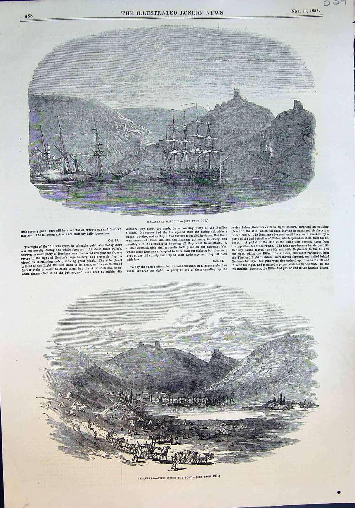 Original Old Antique Print Balaclava Harbour Ships View Inside Port 1854 19th