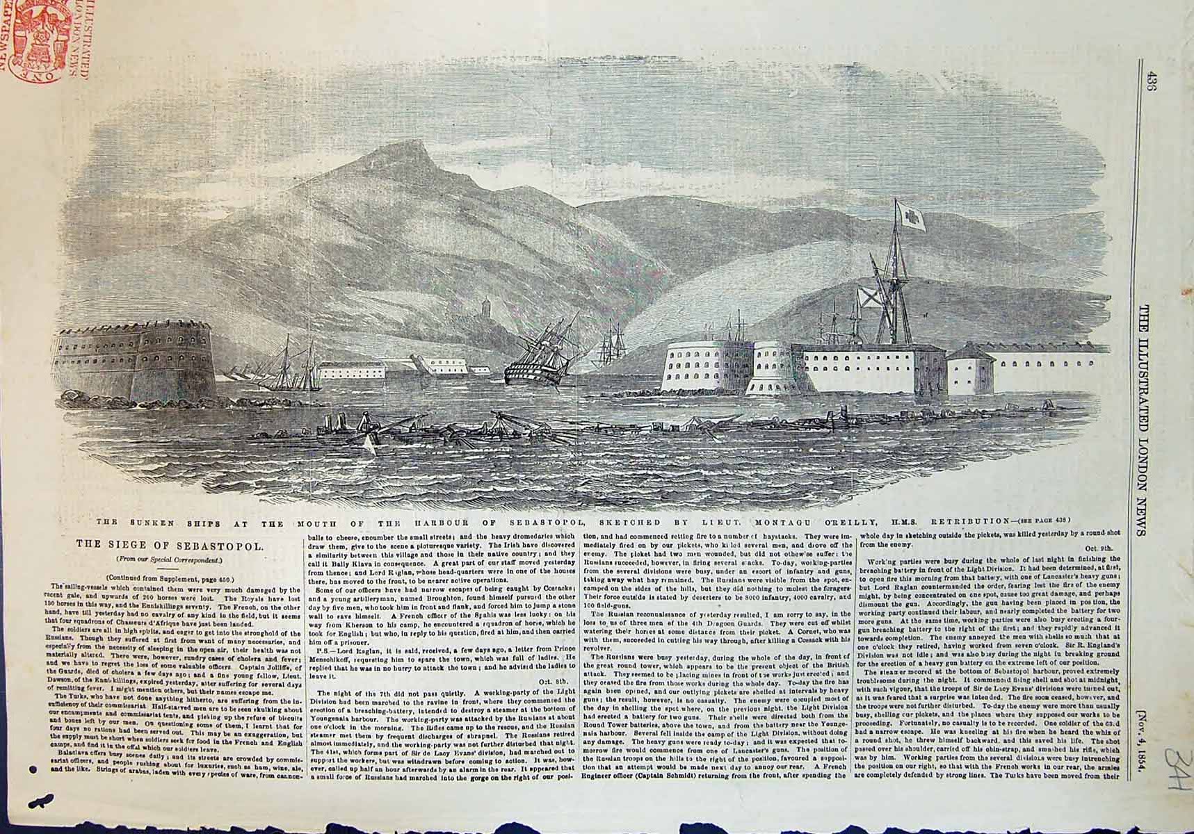 Antique Old Print Sunken Ships Mouth Harbour Sebastopol Lieut M O'Reilly 1854
