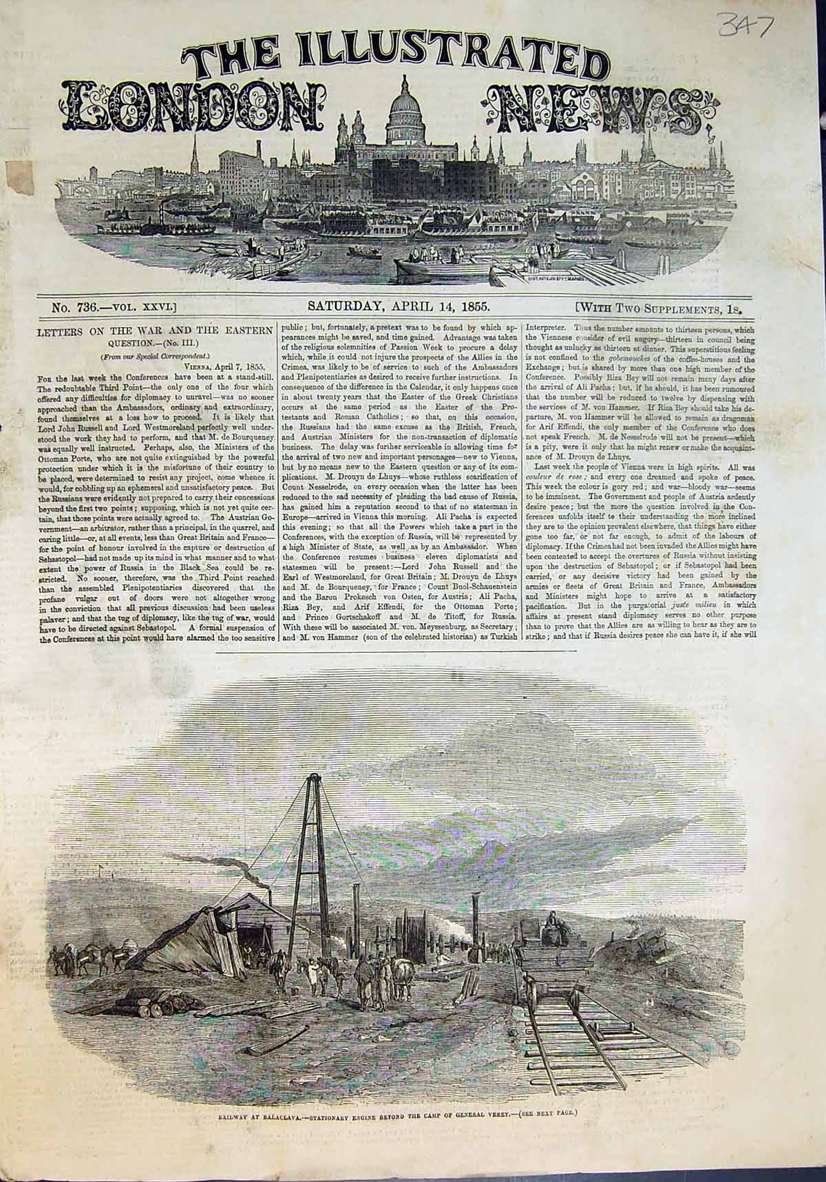 Old Print Railway Balaclava Stationary Engine Beyond Camp Gen Verey 1855 19th