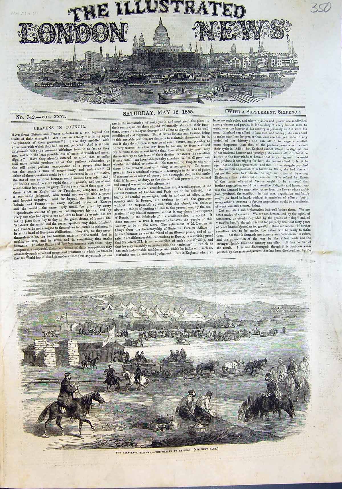 Original Old Antique Print Balaclava Railway Bazaar Kadikoi 1855 19th