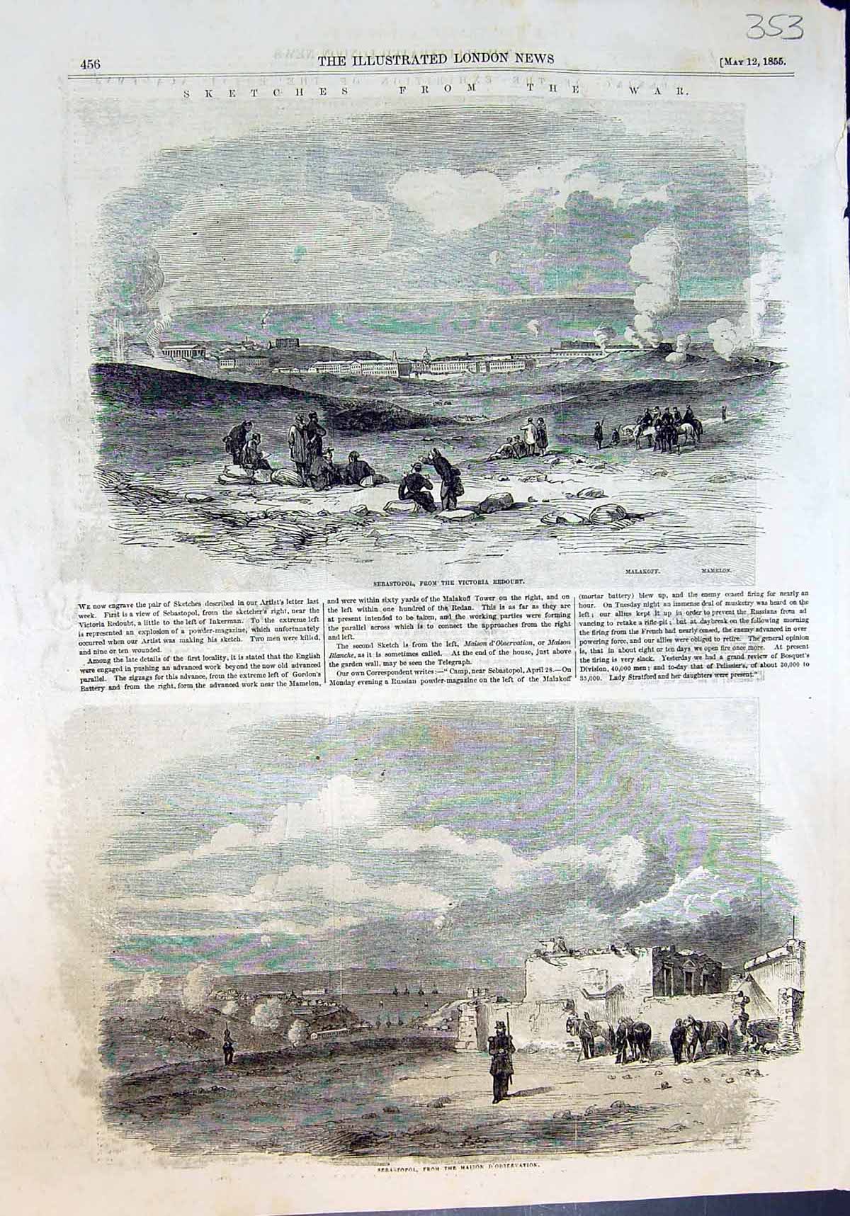 Antique Old Print Sebastopol From Victoria Redoubt Maison D'Observation 1855