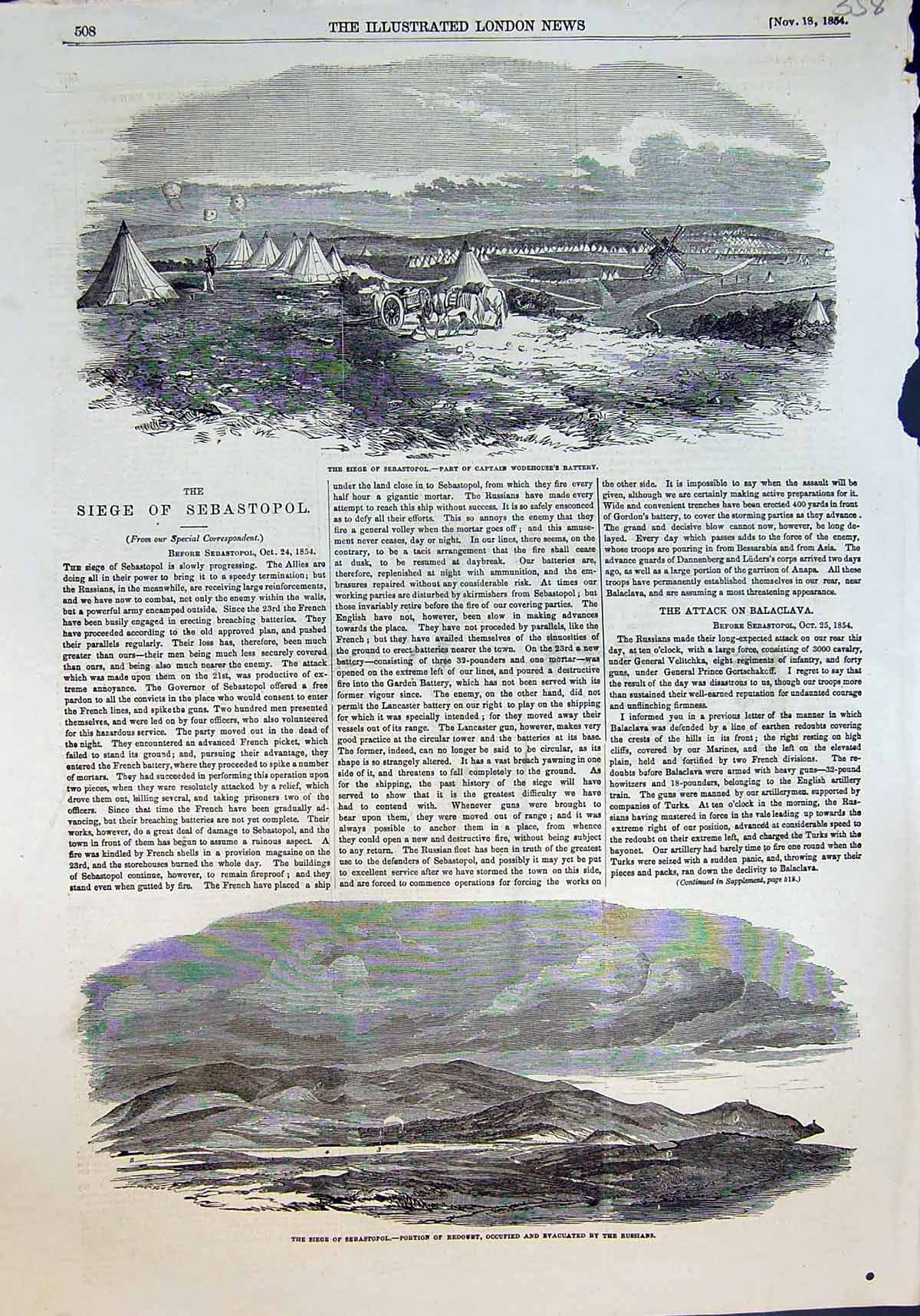 Old Print Siege Sebastopol Capt Wodehouses Battery Redoubt Russians 1854 19th