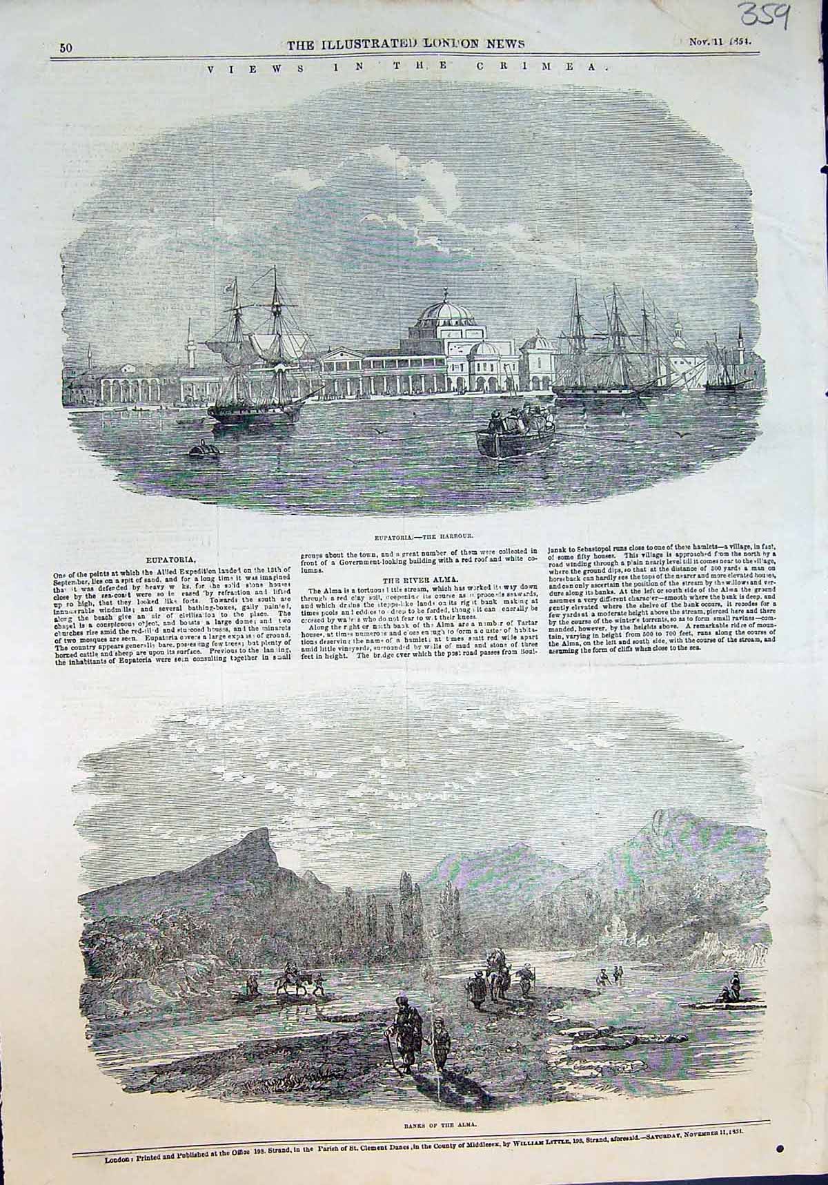Original Old Antique Print Crimea Eupatoria Harbour Banks Alma 1854 Victorian