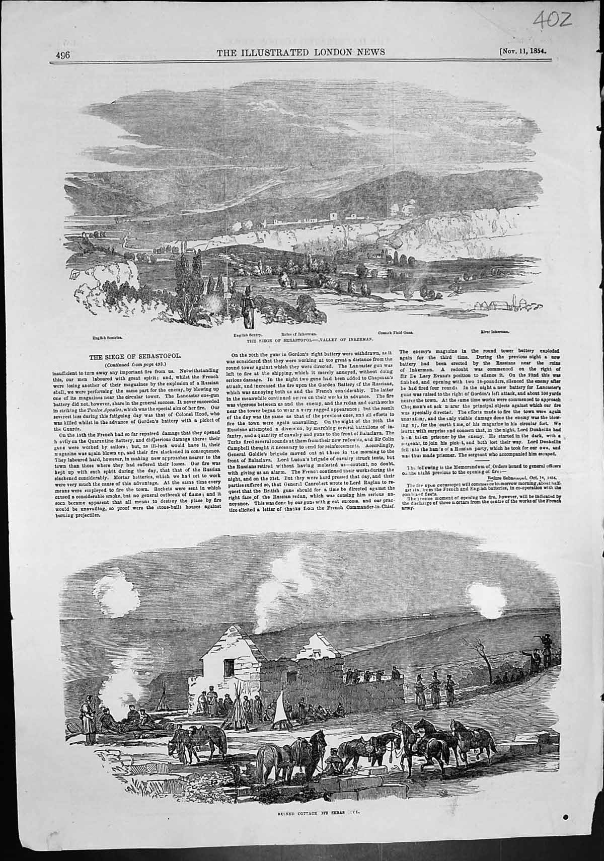 Old Print Siege Sebastopol Valley Inkerman Ruined Cottage Sebastopol 1854 19th