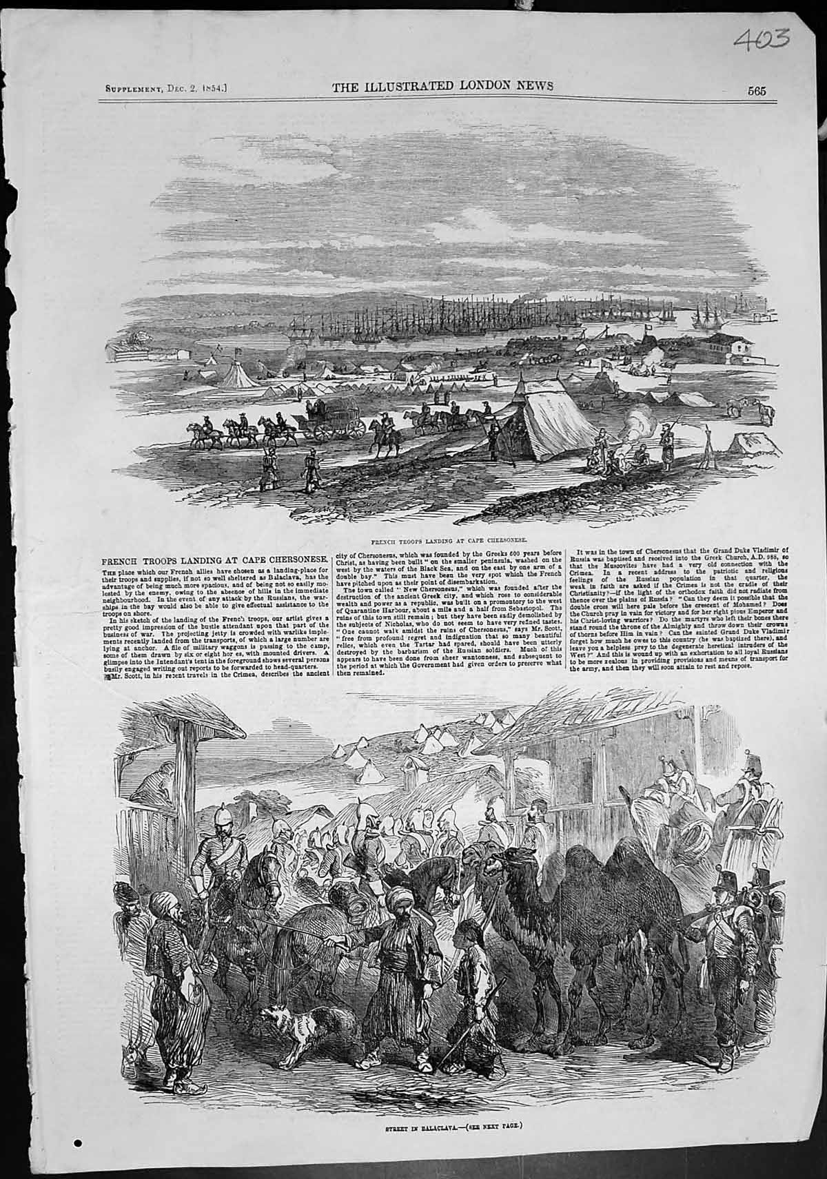 Antique Old Print French Troops Landing Cafe Chersonese Street Balaclava 1854