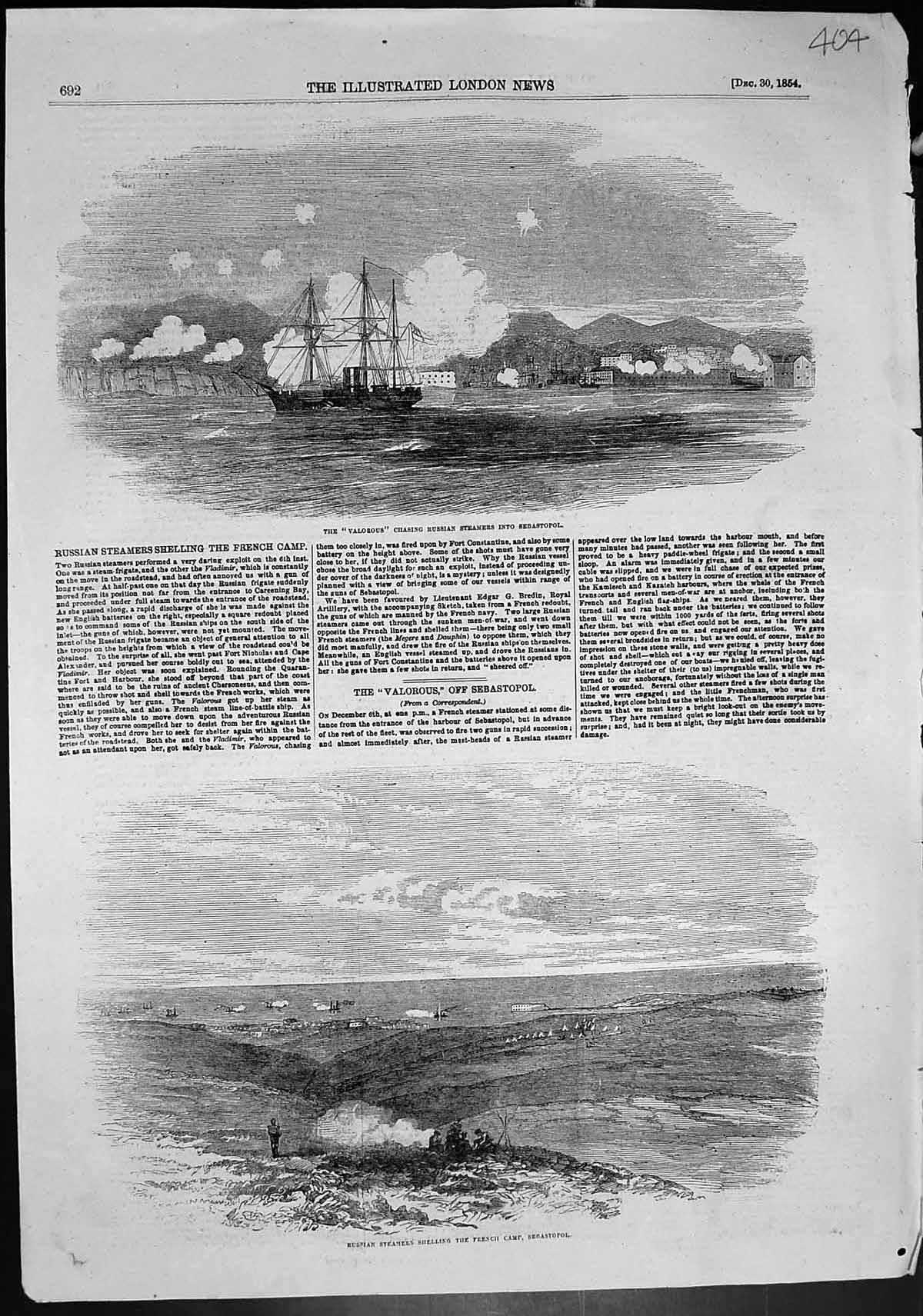 Old Print Valorous Russian Steamers Shelling French Camp Sebastopol 1854 19th