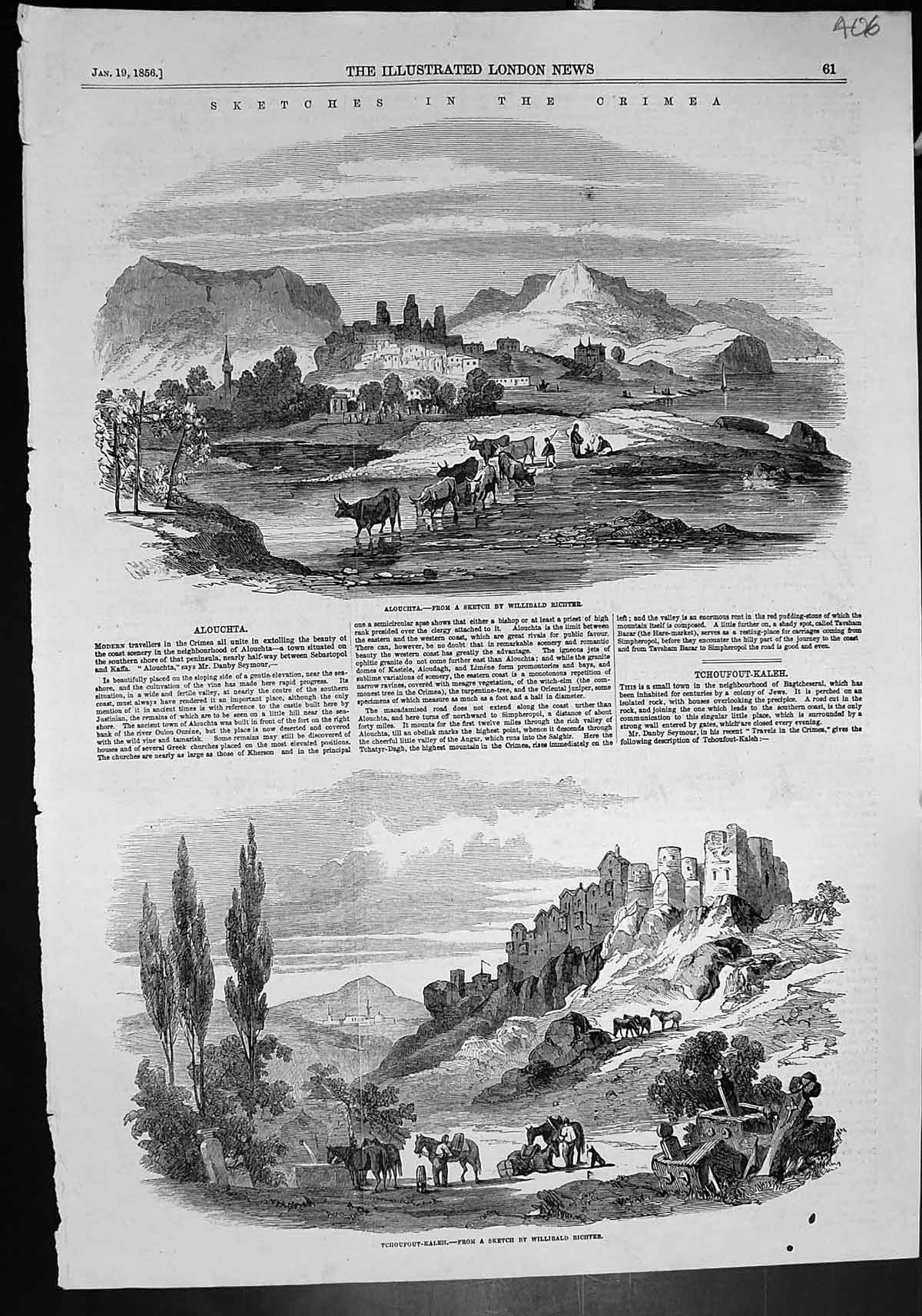 Old Antique Print Crimea Alouchta Tchoufout-Kaleh Willibald Richter 1856 19th