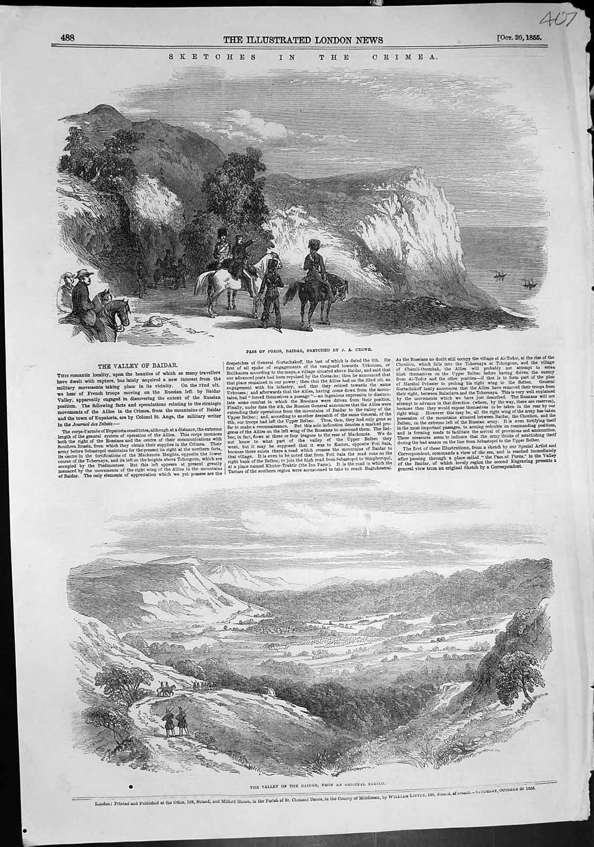 Original Old Antique Print Crimea Pass Poros Baidar J Crowe Valley Baidar 1855