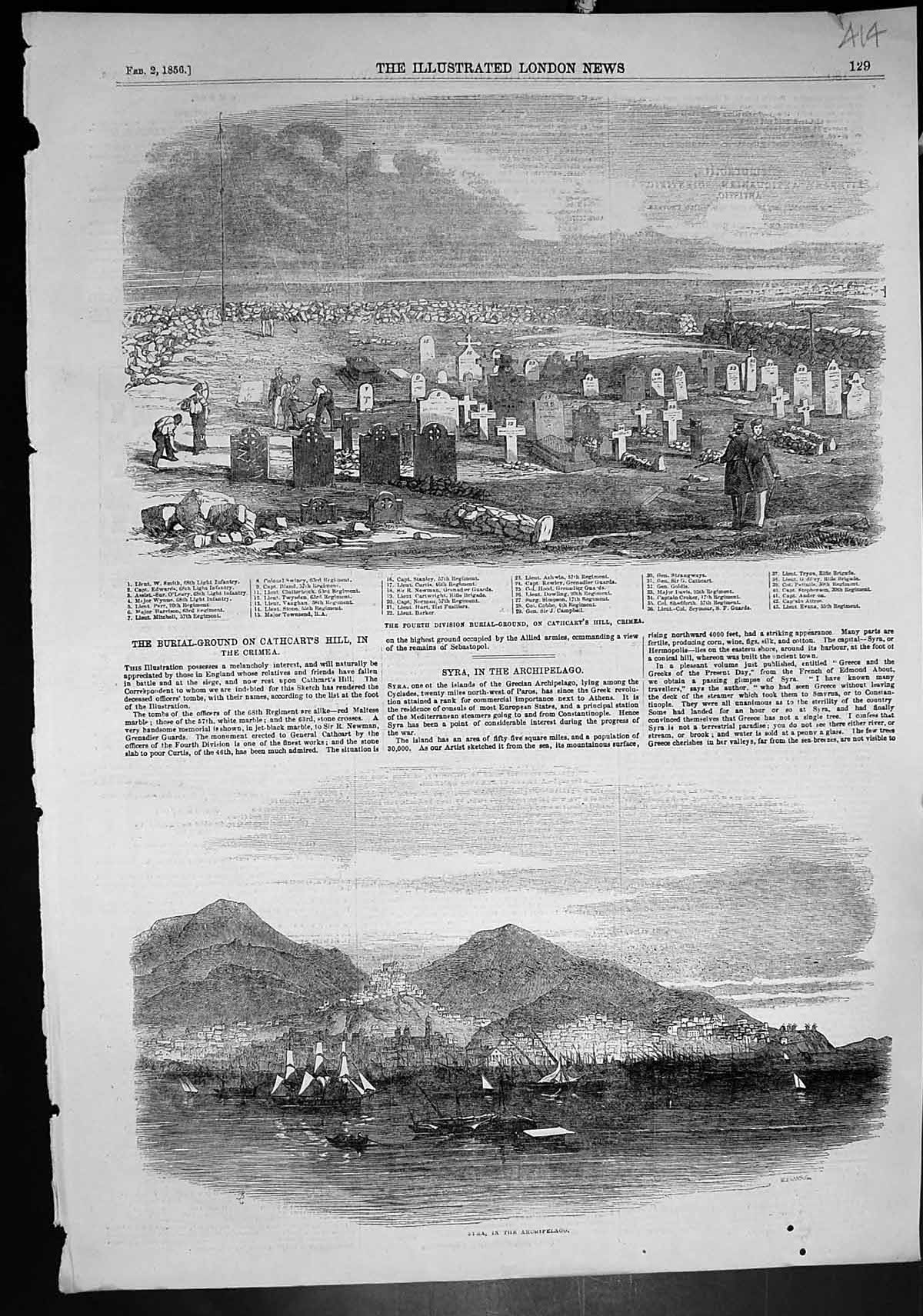 Antique Old Print Burial Ground Cathcarts Hill Crimea Syra Archipelago 1856