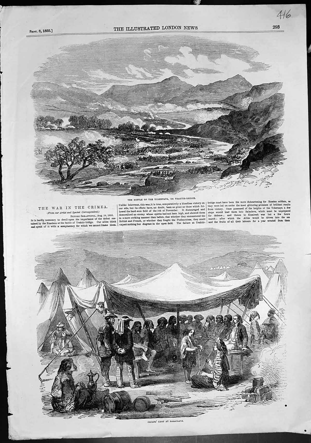 Old War Crimea Battle Tchernaya Traktir Br Croats Camp Balaclava 1855 Victorian