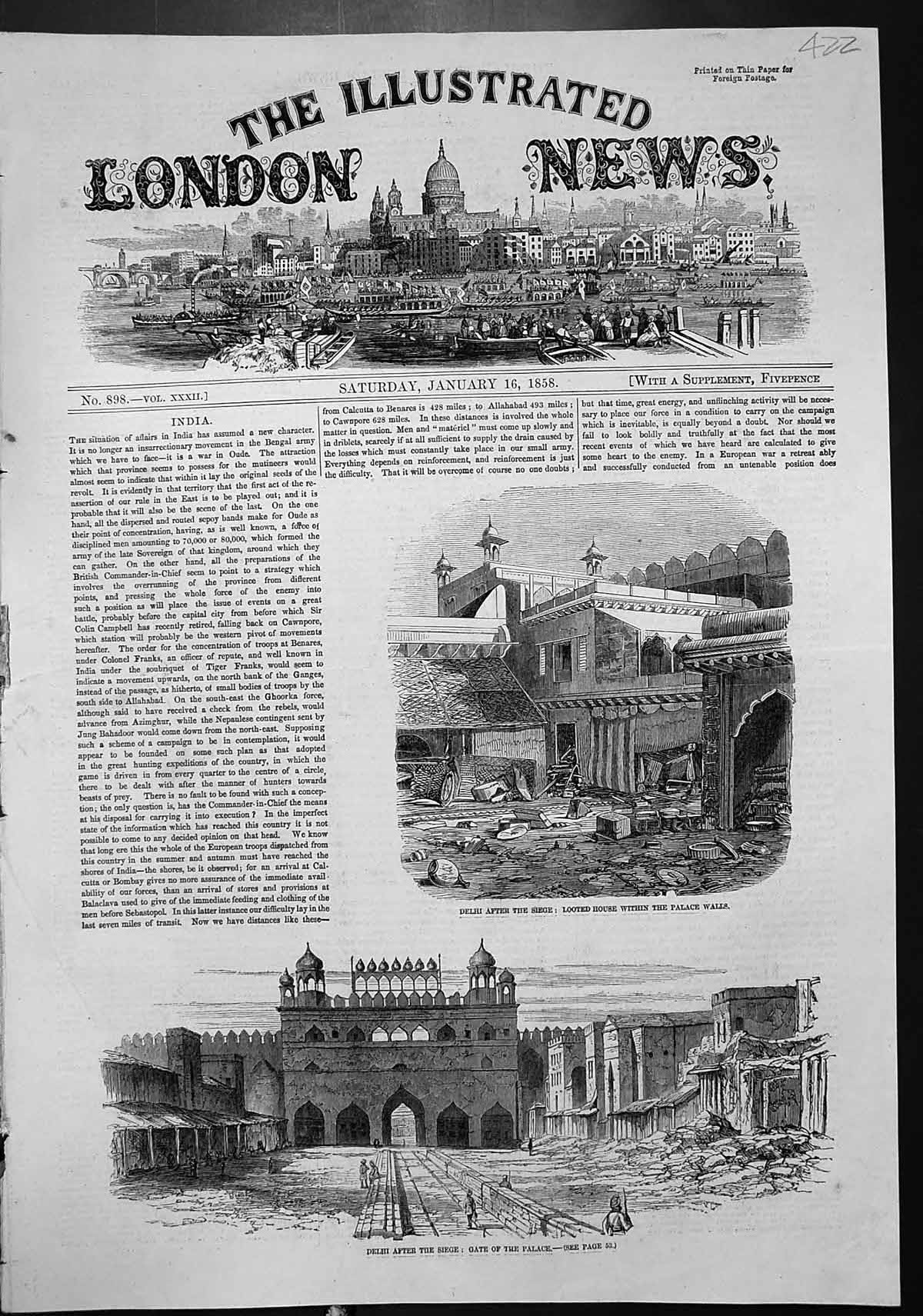 Antique Print Delhi After Siege Looted House Palace Walls Gate Palace 1858 19th