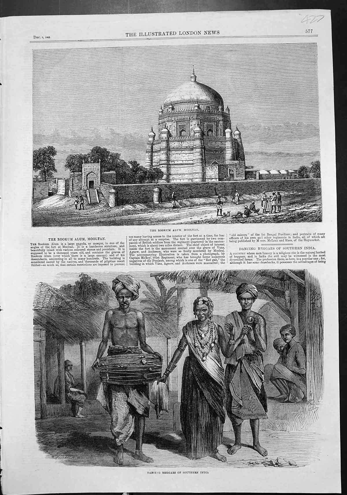 Old Antique Print Rookum Alum Mooltan Dancing Beggars Southern India 1863 19th