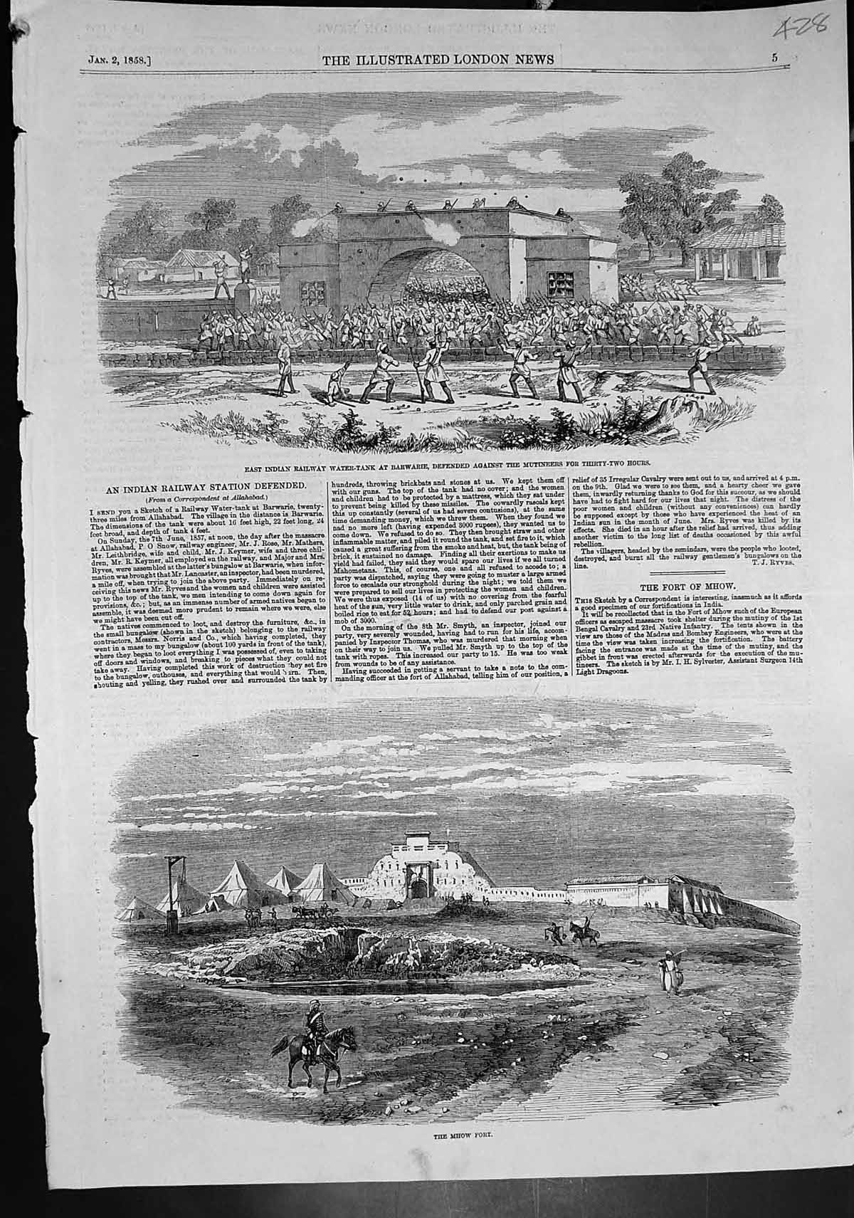 Antique Old Print Mhow Fort Indian Railway Water Tank Barwarie Defended 1858